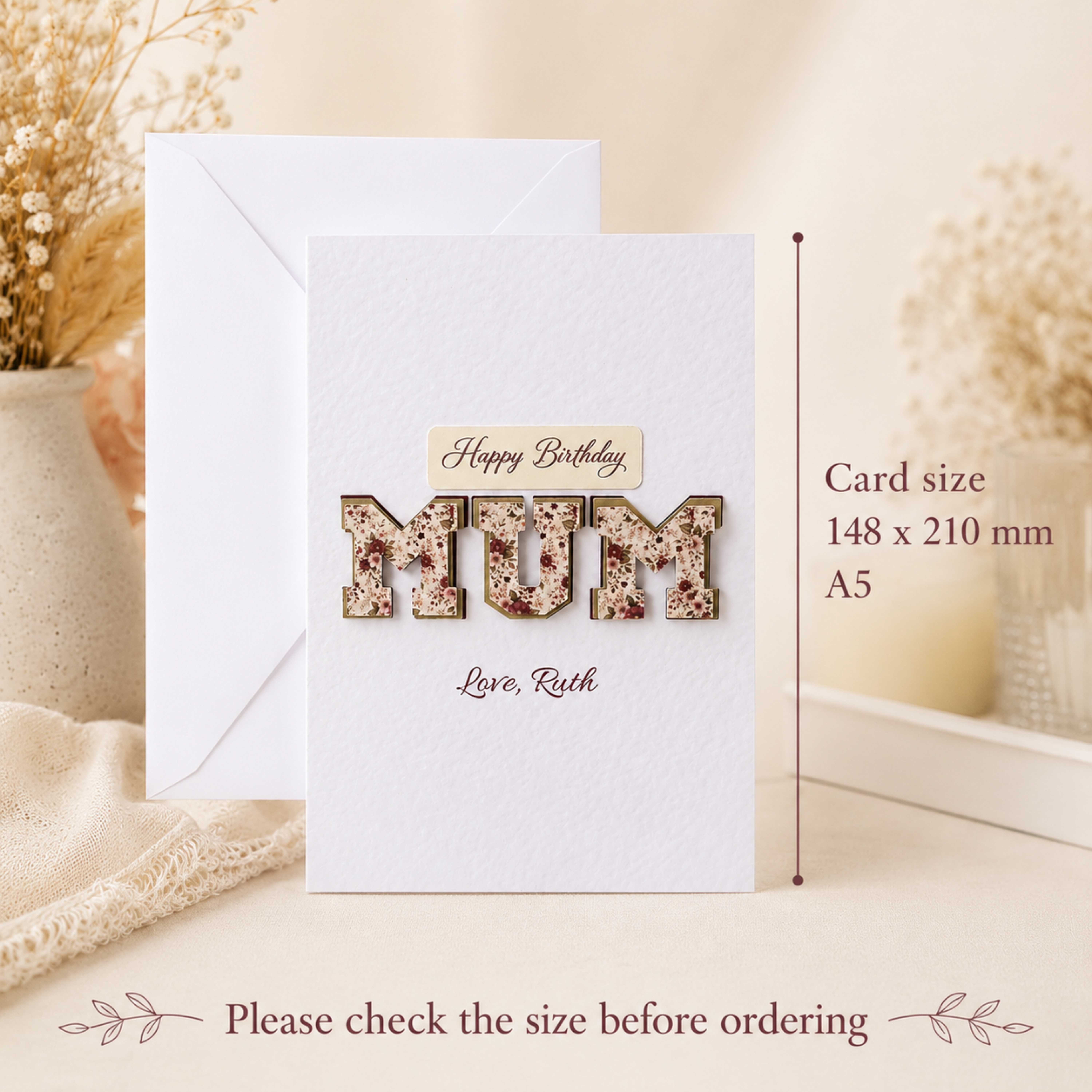 Handmade 3D birthday card for Mum with burgundy floral keepsake details