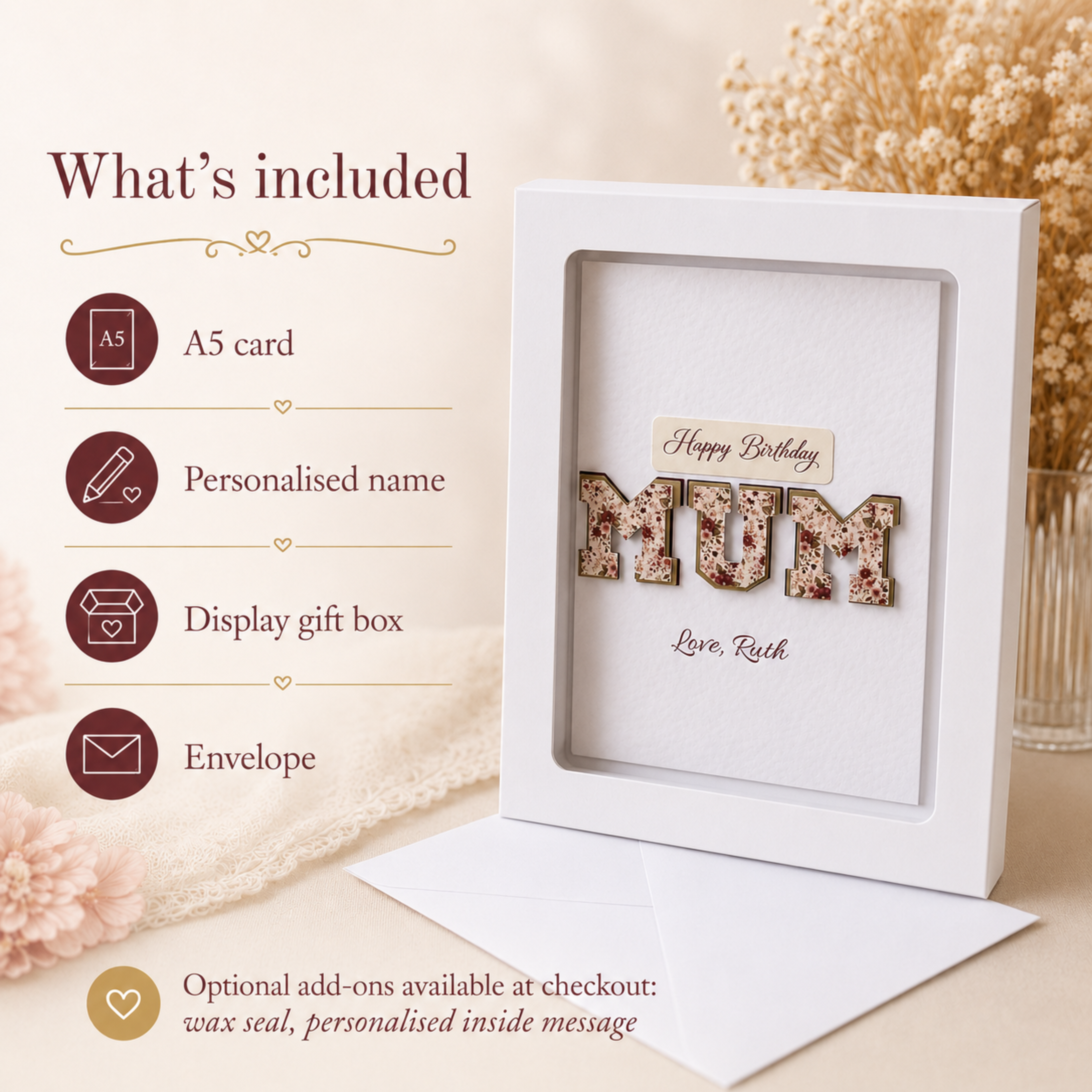 Personalised burgundy MUM birthday card with premium handmade presentation