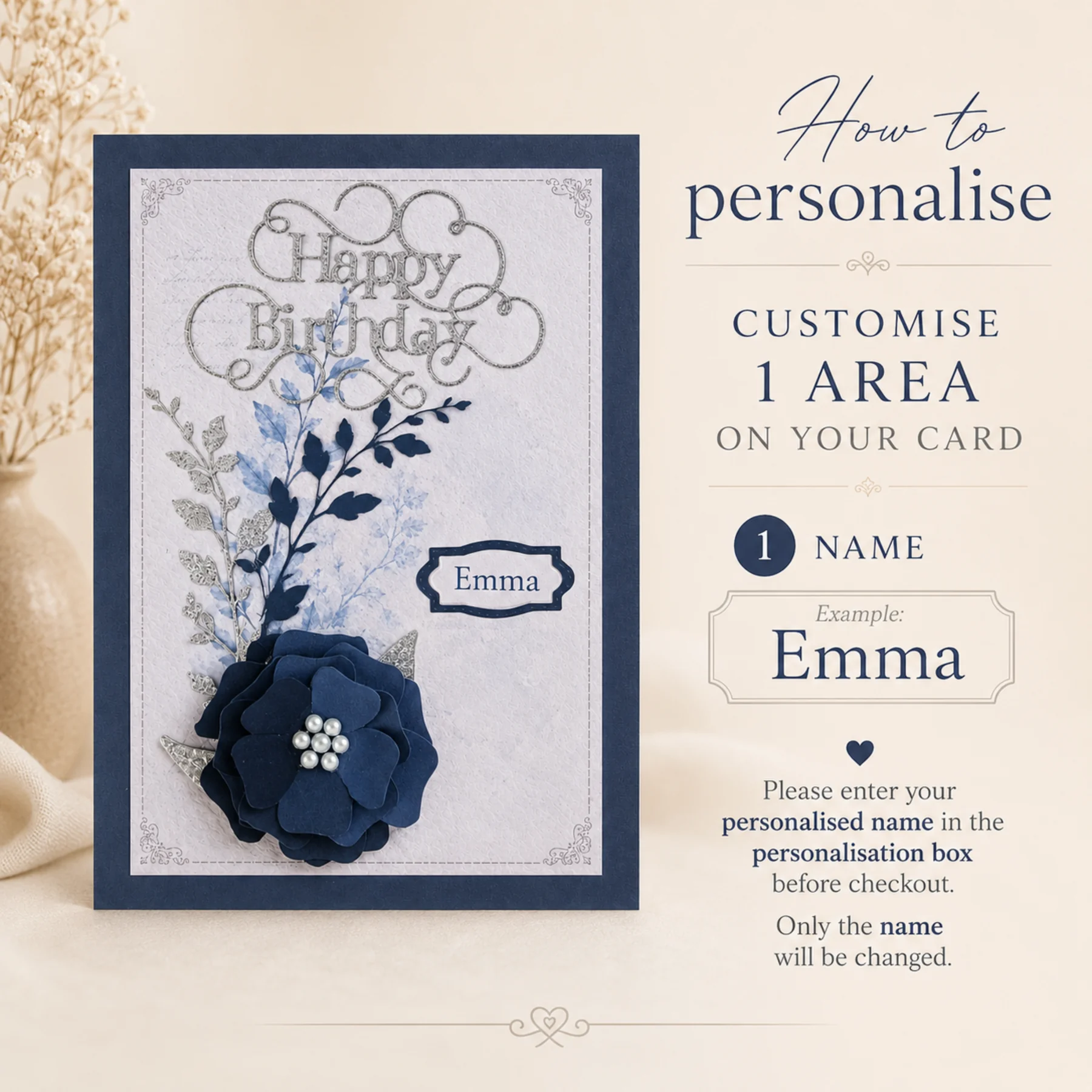 Personalised Navy Blue Birthday Card | Handmade 3D Flower Card | Named Card for Her | Floral Birthday Card - Image 11