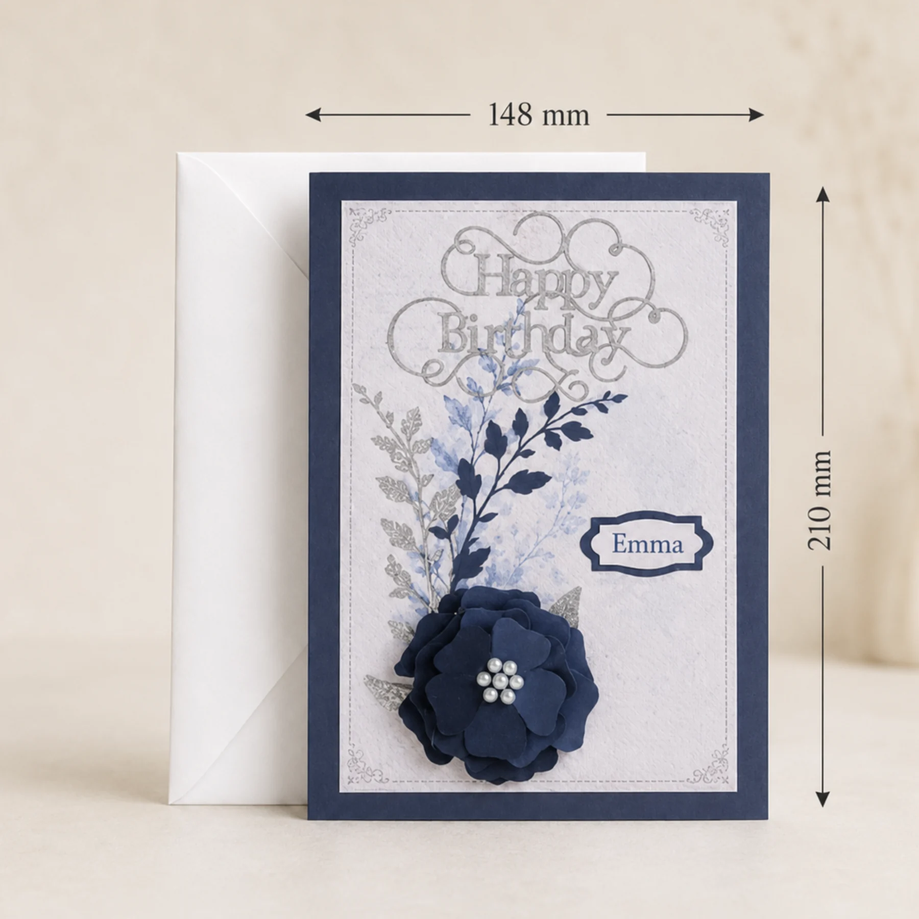 Personalised Navy Blue Birthday Card | Handmade 3D Flower Card | Named Card for Her | Floral Birthday Card - Image 10