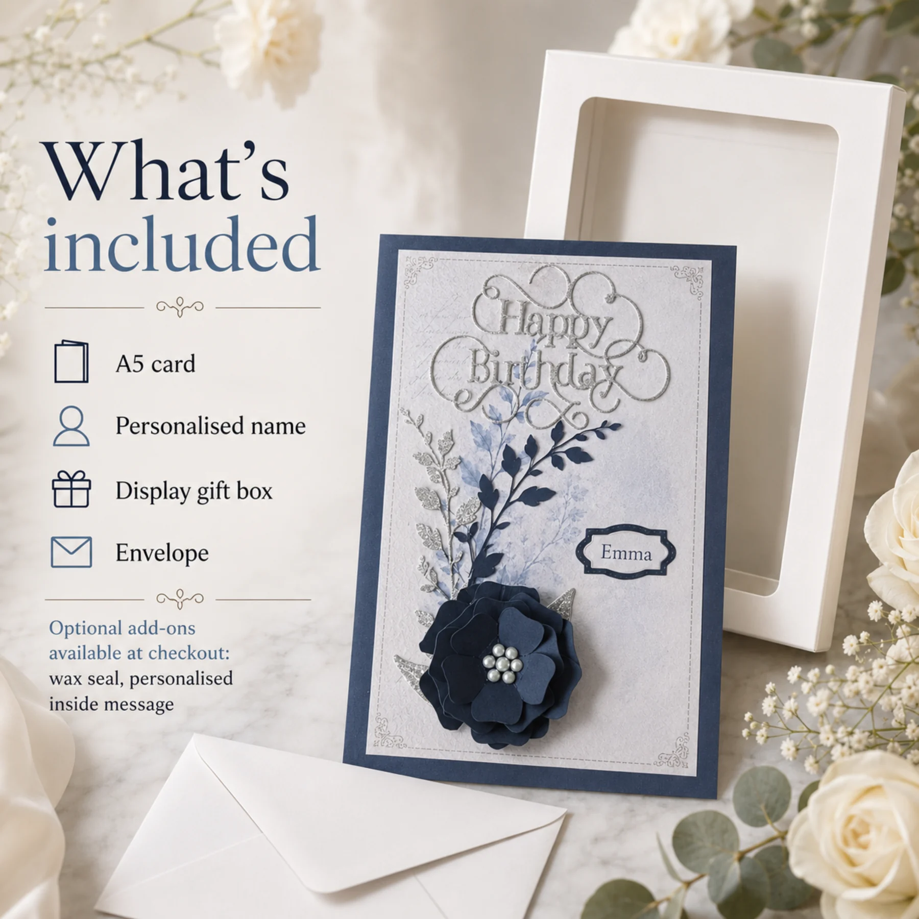 Personalised Navy Blue Birthday Card | Handmade 3D Flower Card | Named Card for Her | Floral Birthday Card - Image 9