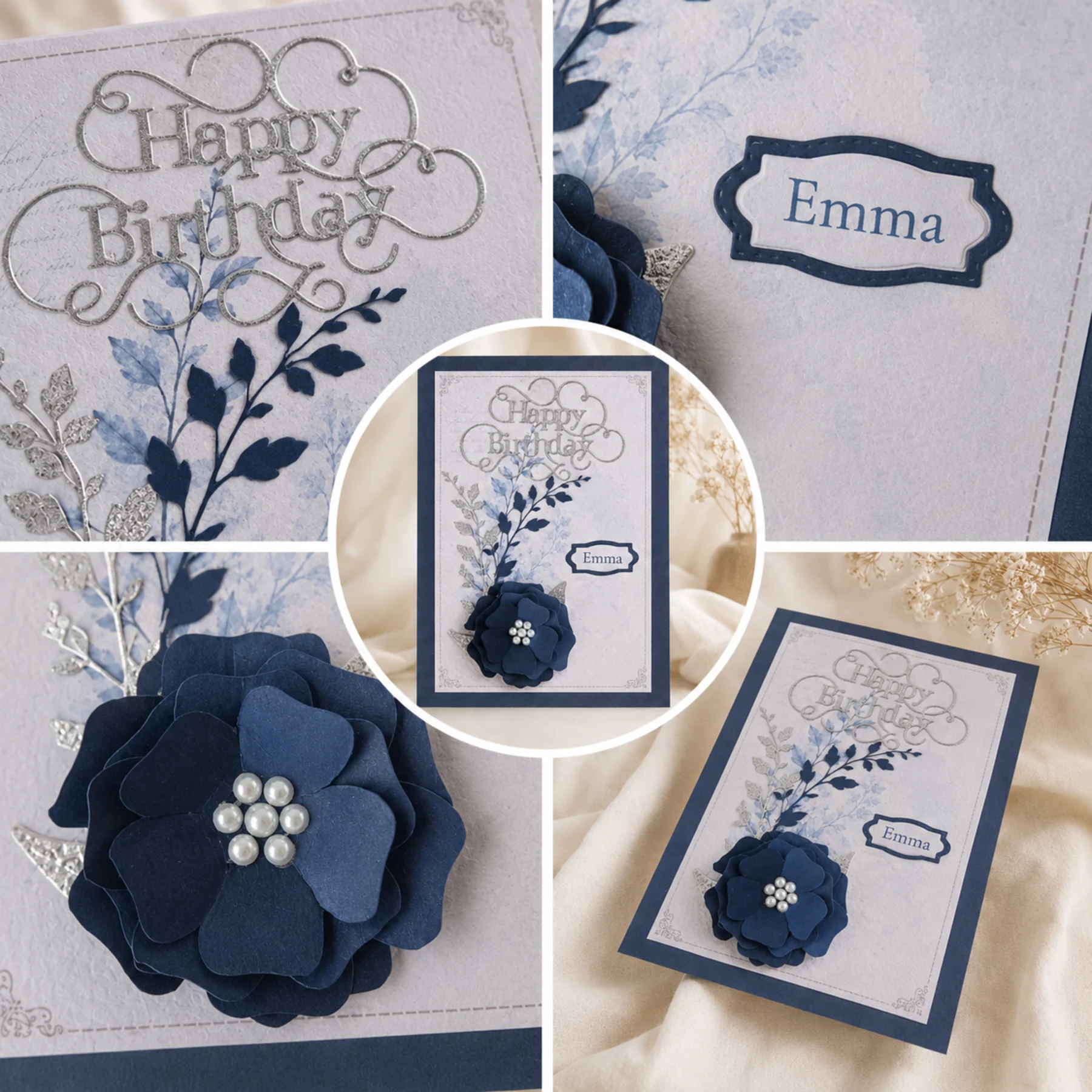 Personalised Navy Blue Birthday Card | Handmade 3D Flower Card | Named Card for Her | Floral Birthday Card - Image 8