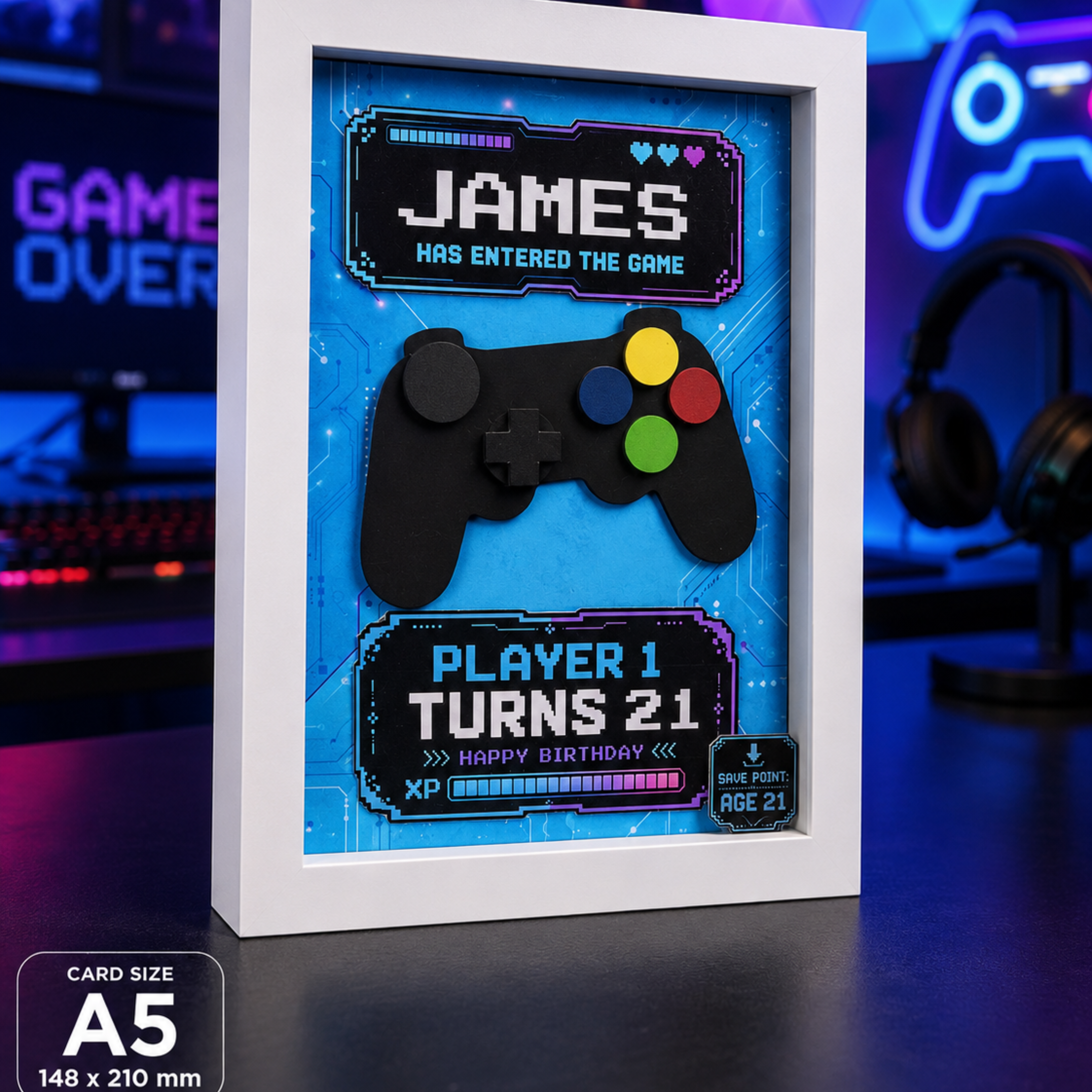 Personalised gamer birthday card with premium handmade presentation