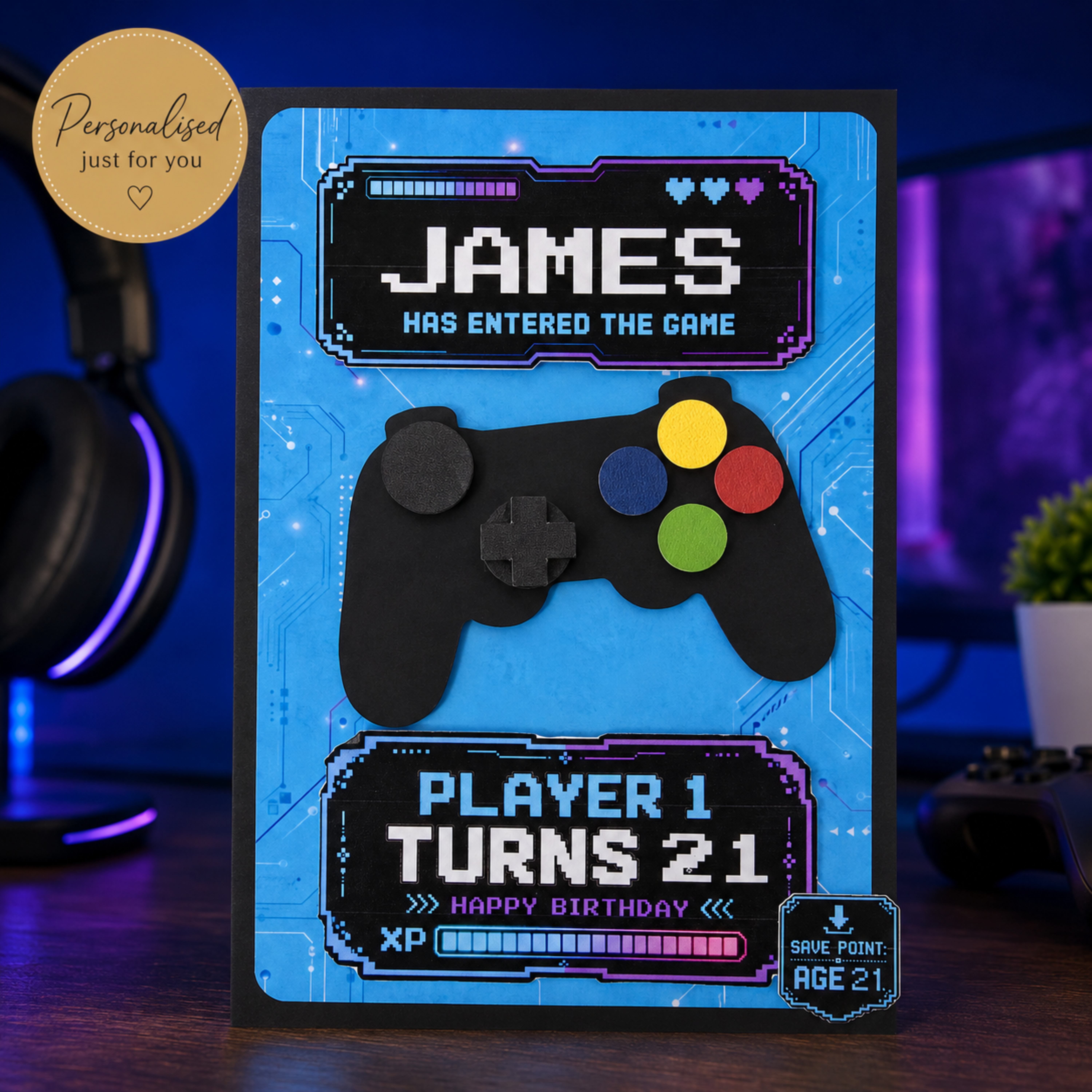 Personalised gaming birthday card with gift box and keepsake presentation