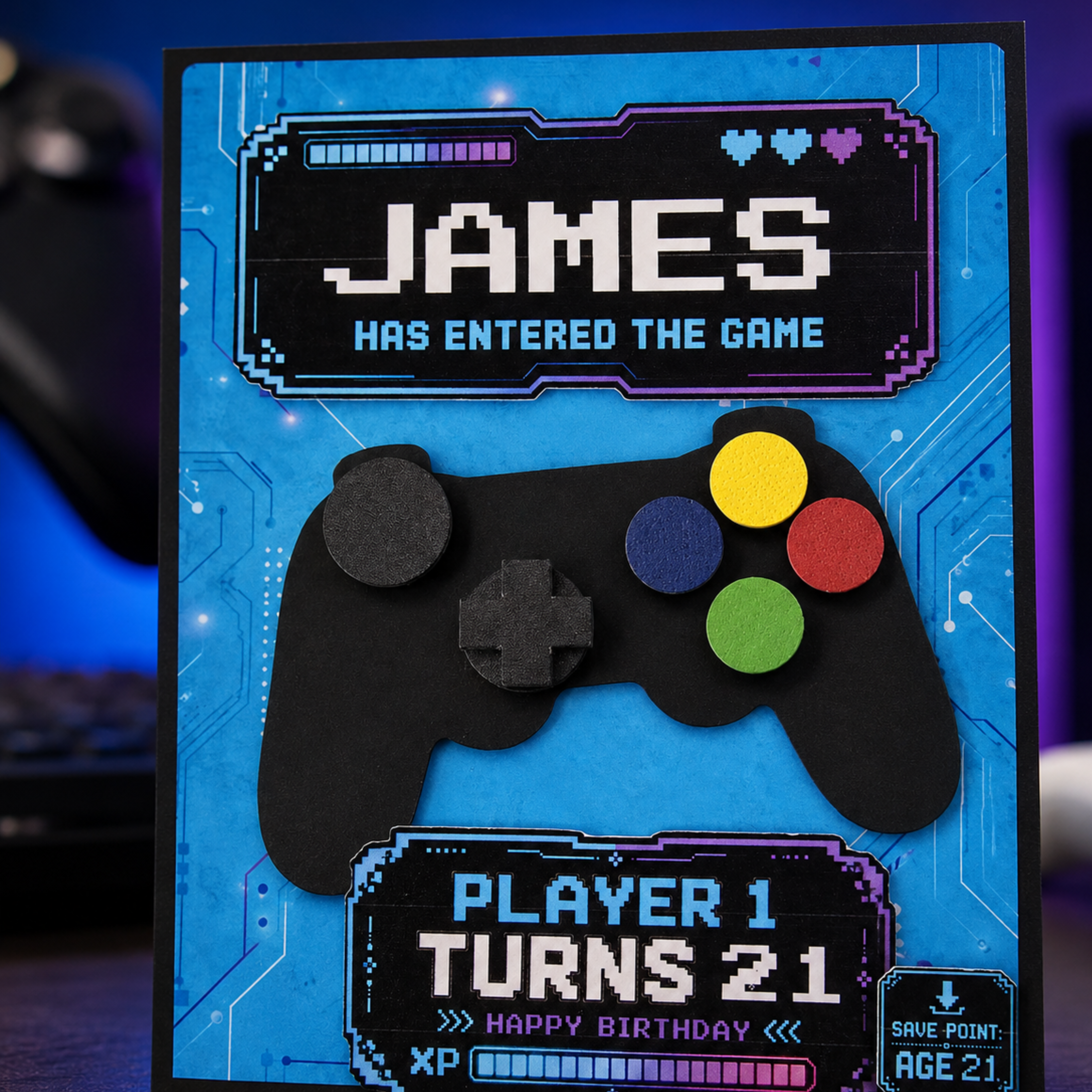 Personalised gaming birthday card showing layered gamer design and custom details