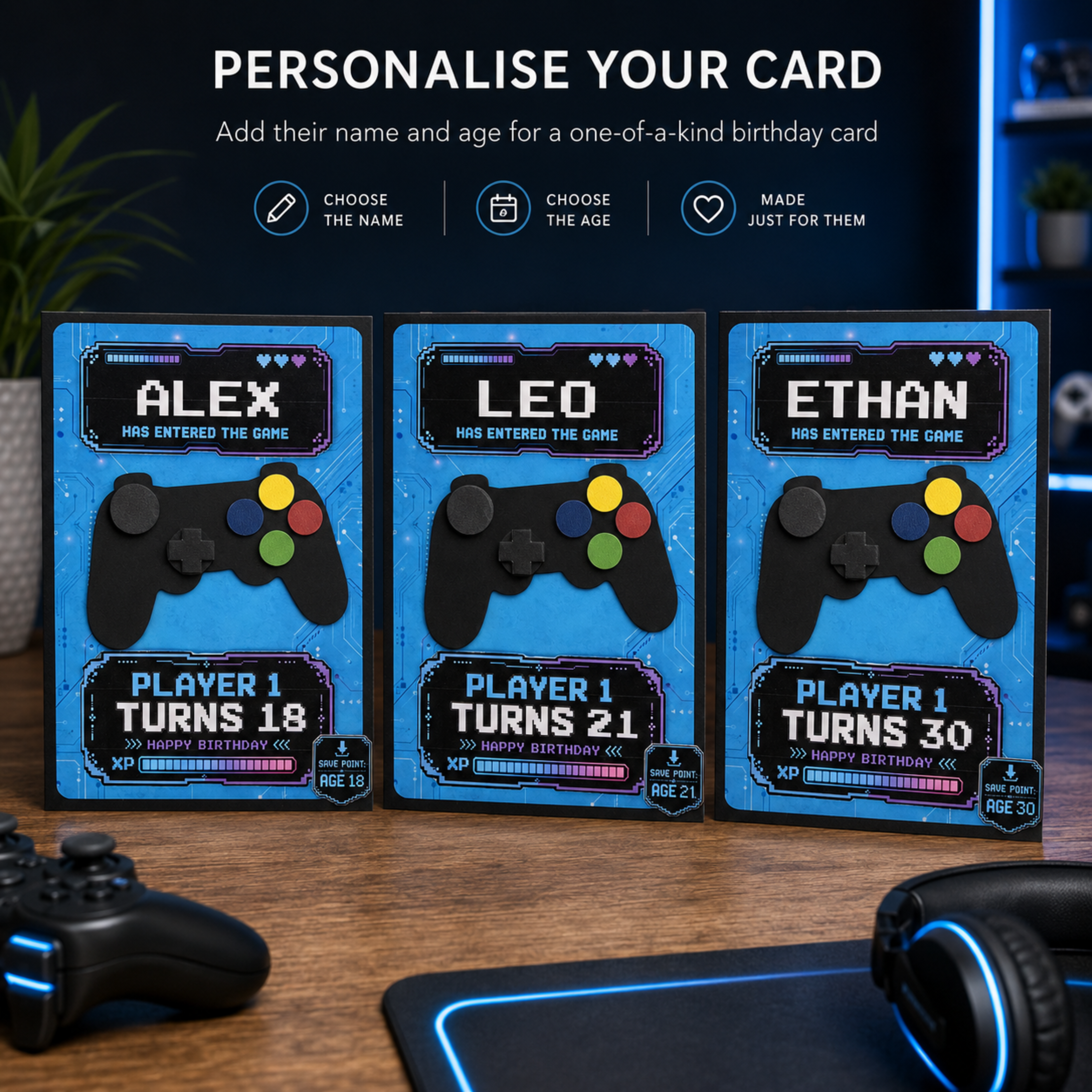 Close-up of personalised gaming birthday card with name and age