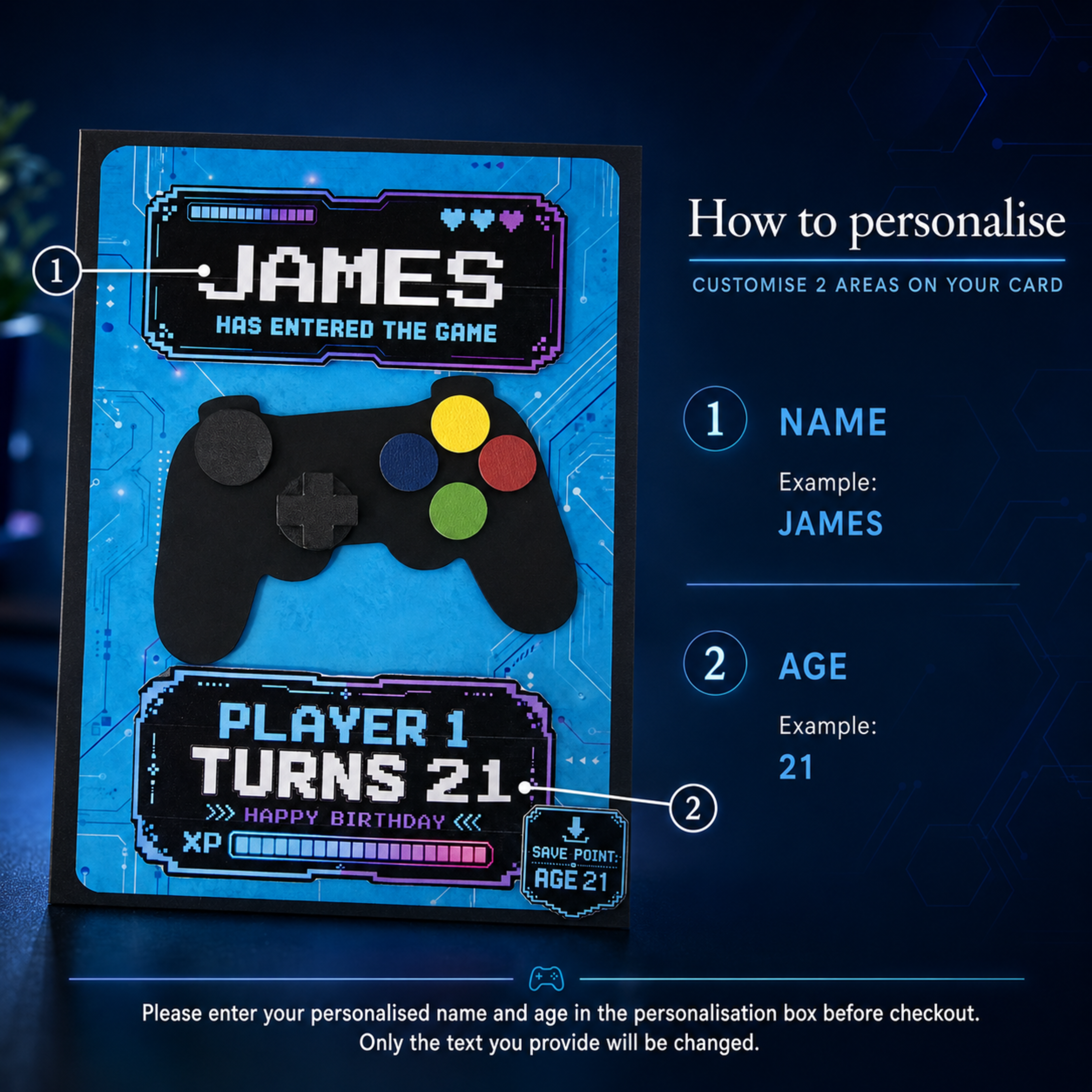 Personalised gamer birthday card shown from an angled view