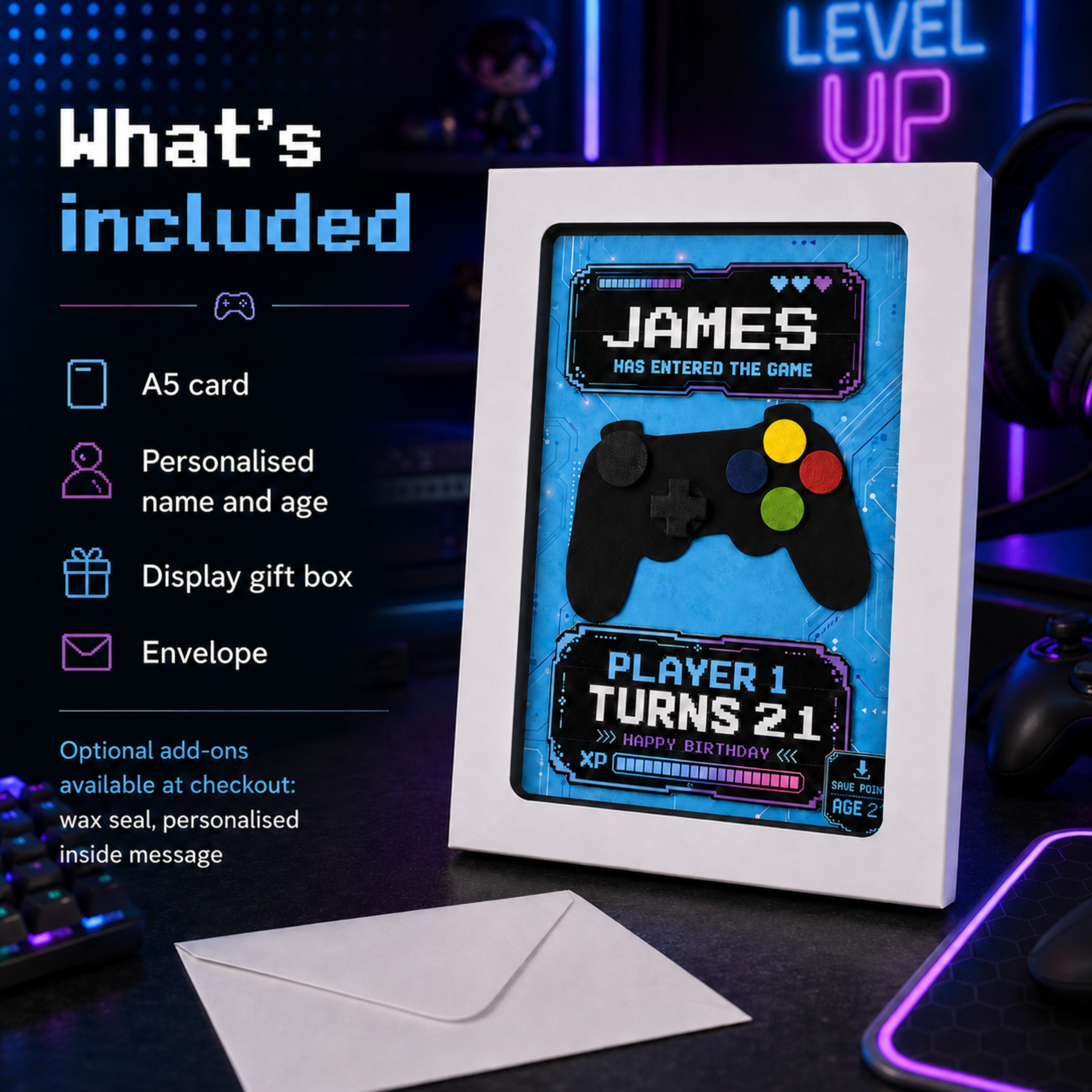 Handmade gaming birthday card with dimensional layered details