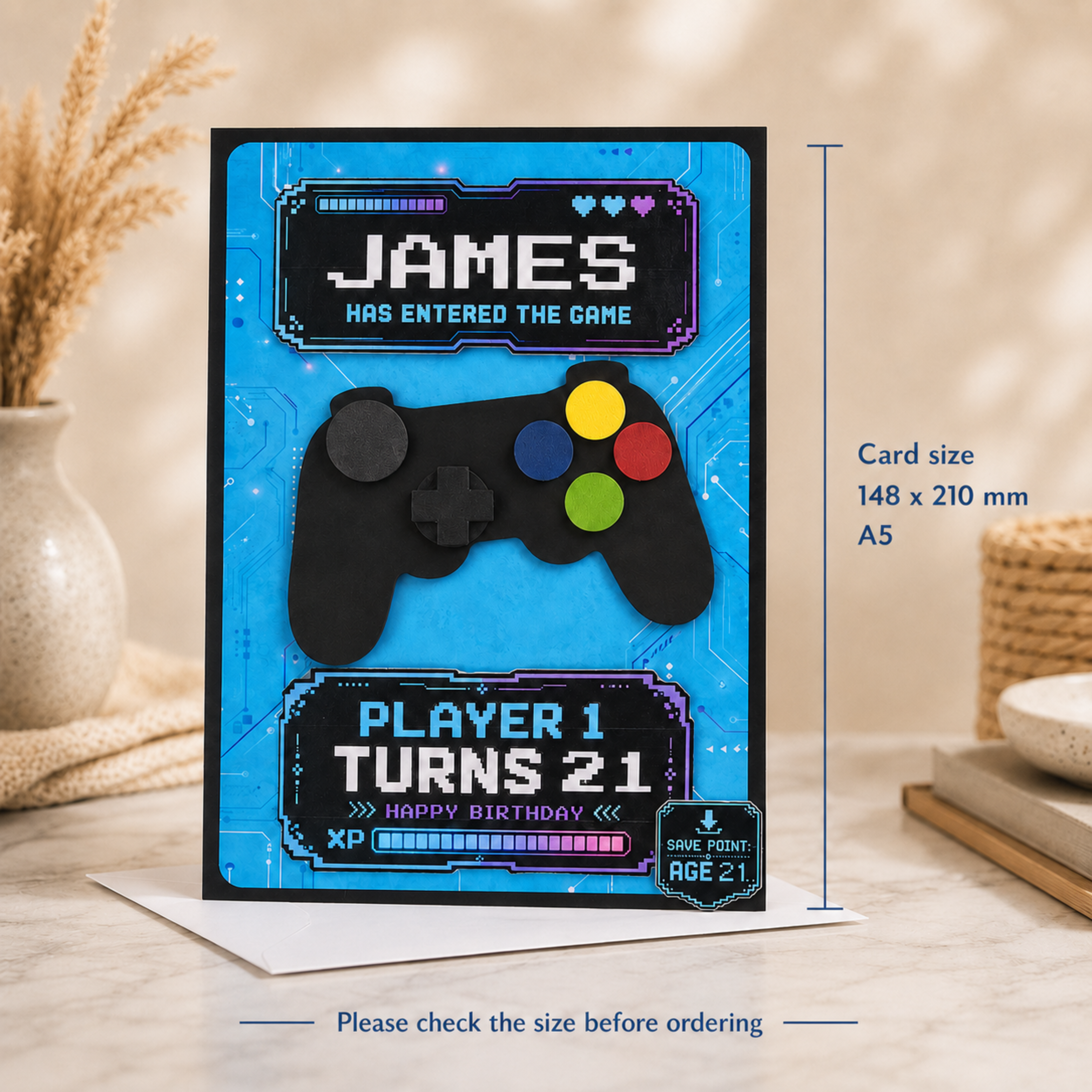Personalised gamer birthday card with layered design and gift presentation
