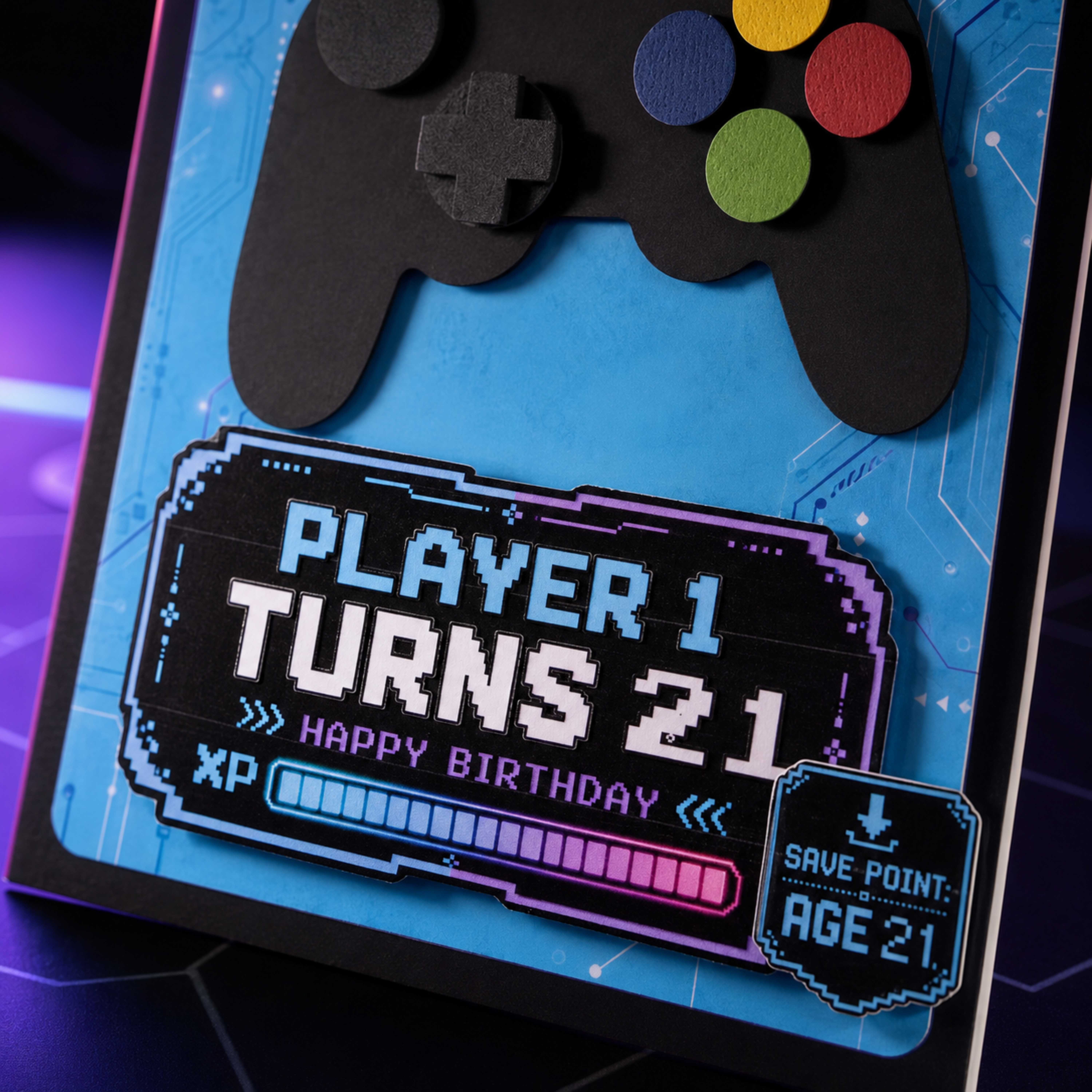 Gaming birthday card showing handmade details and personalised age