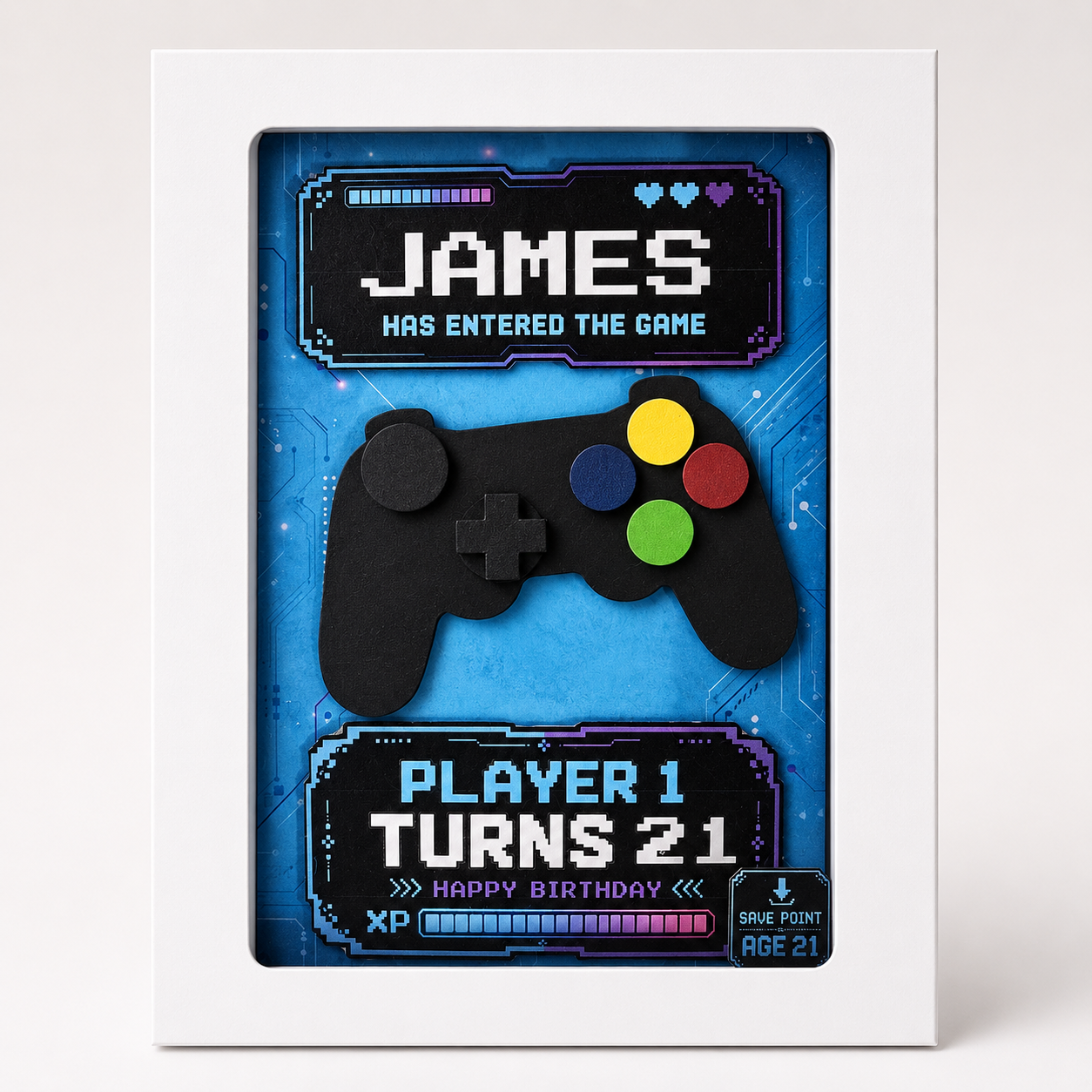 Personalised gaming birthday card shown with custom name and age details
