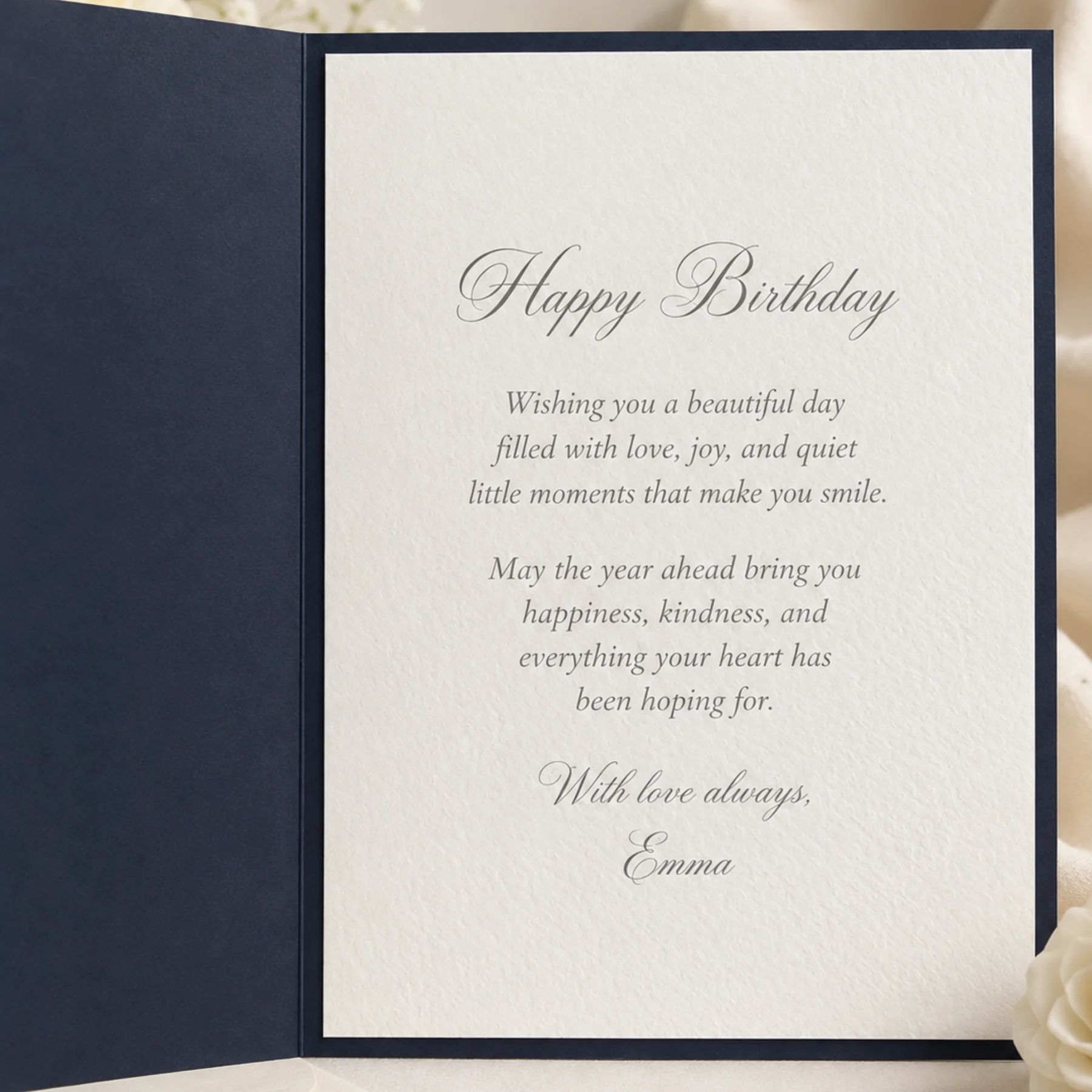 Navy blue floral Happy Birthday card