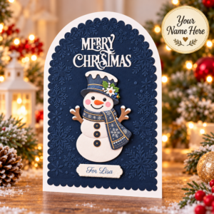 Personalised navy snowman Christmas card, handmade 3D card with embossed snowflakes