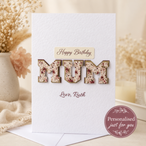 Personalised handmade 3D MUM birthday card with burgundy floral details and custom name