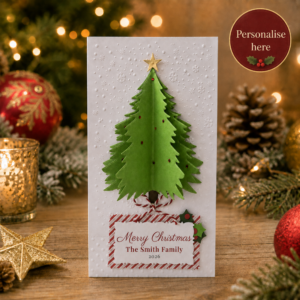 Personalised handmade 3D Christmas tree card with green layered tree, red accents and custom family name