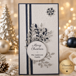 Personalised navy and silver Christmas card with layered glitter branches, snowflake detail and custom family name