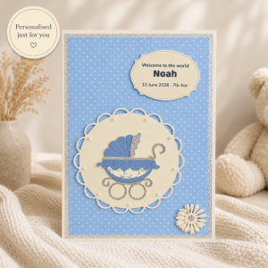 Personalised handmade new baby boy card with pram design, baby name, date of birth and birth weight