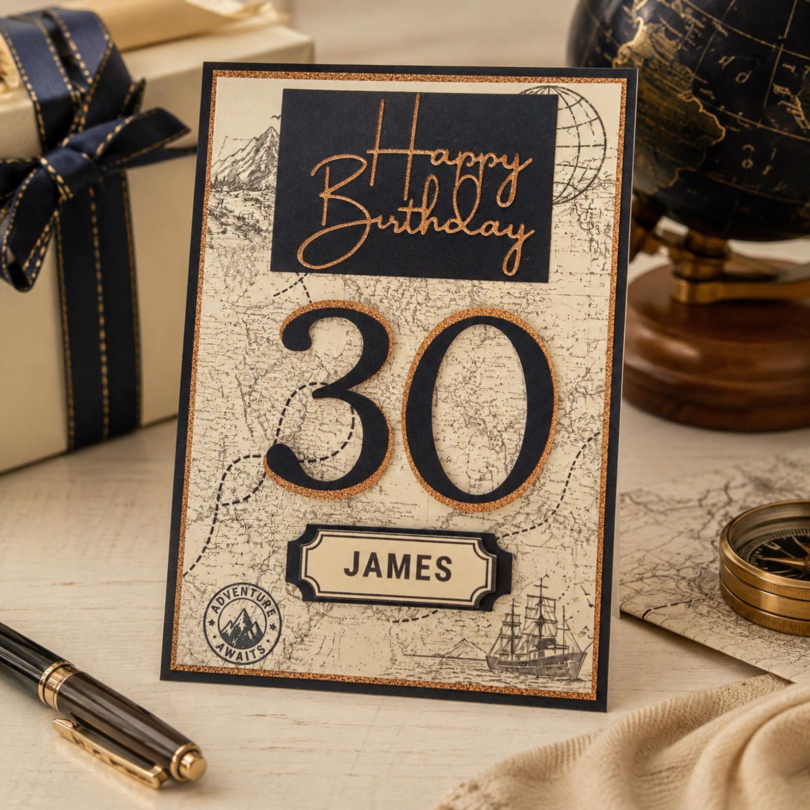 Close-up of personalised vintage map birthday card for him