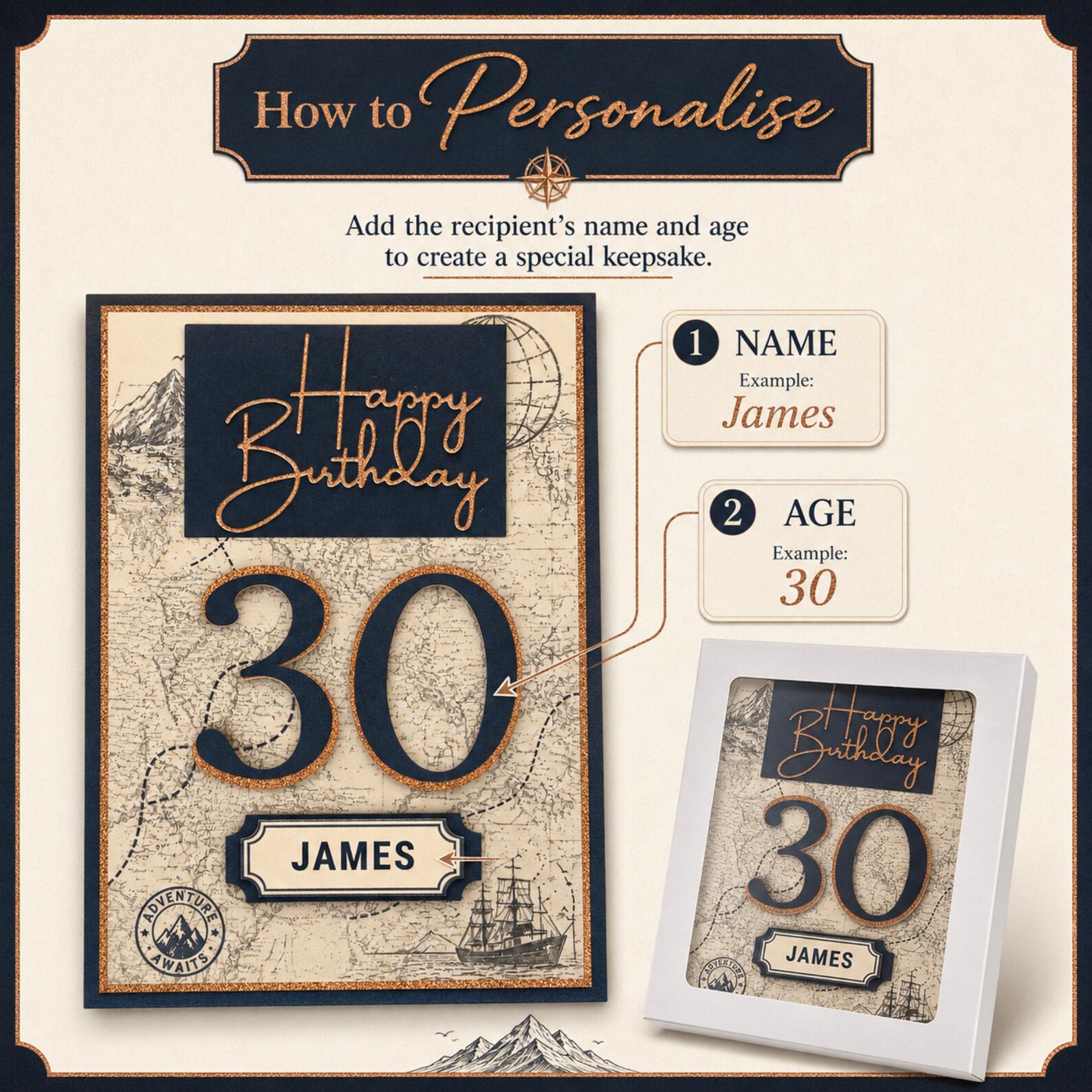 Handmade birthday card for him with vintage map and layered milestone number