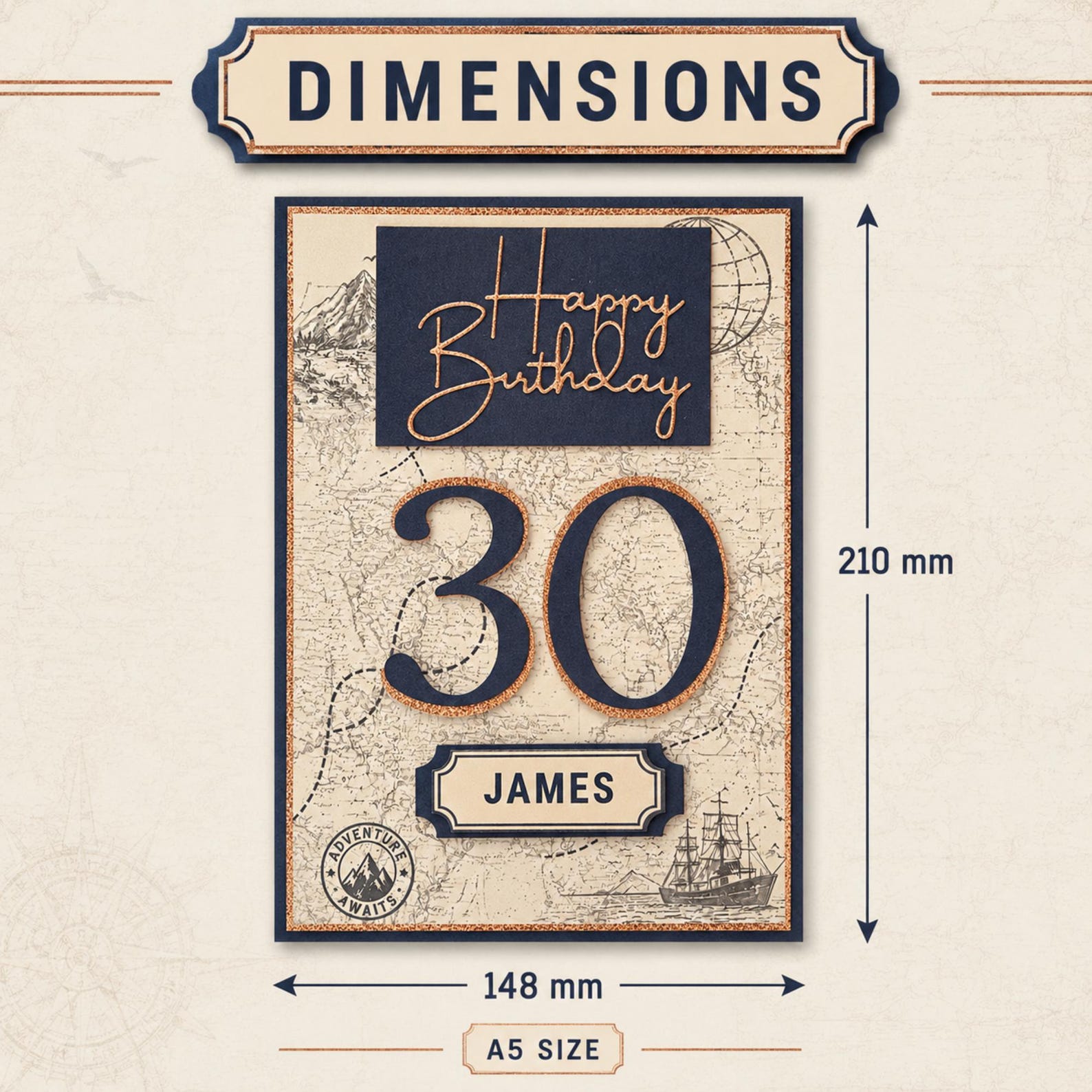 Personalised vintage map birthday card with matching display gift box
