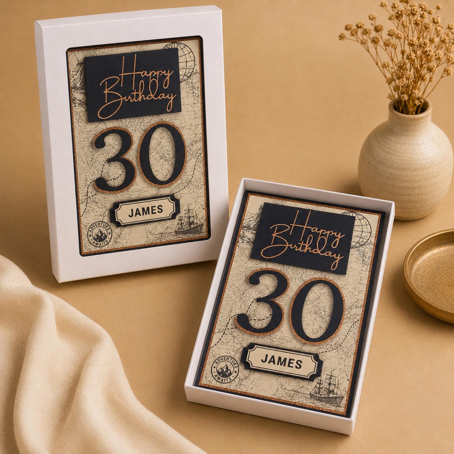 Personalised adventure birthday card with ship, mountain and globe details