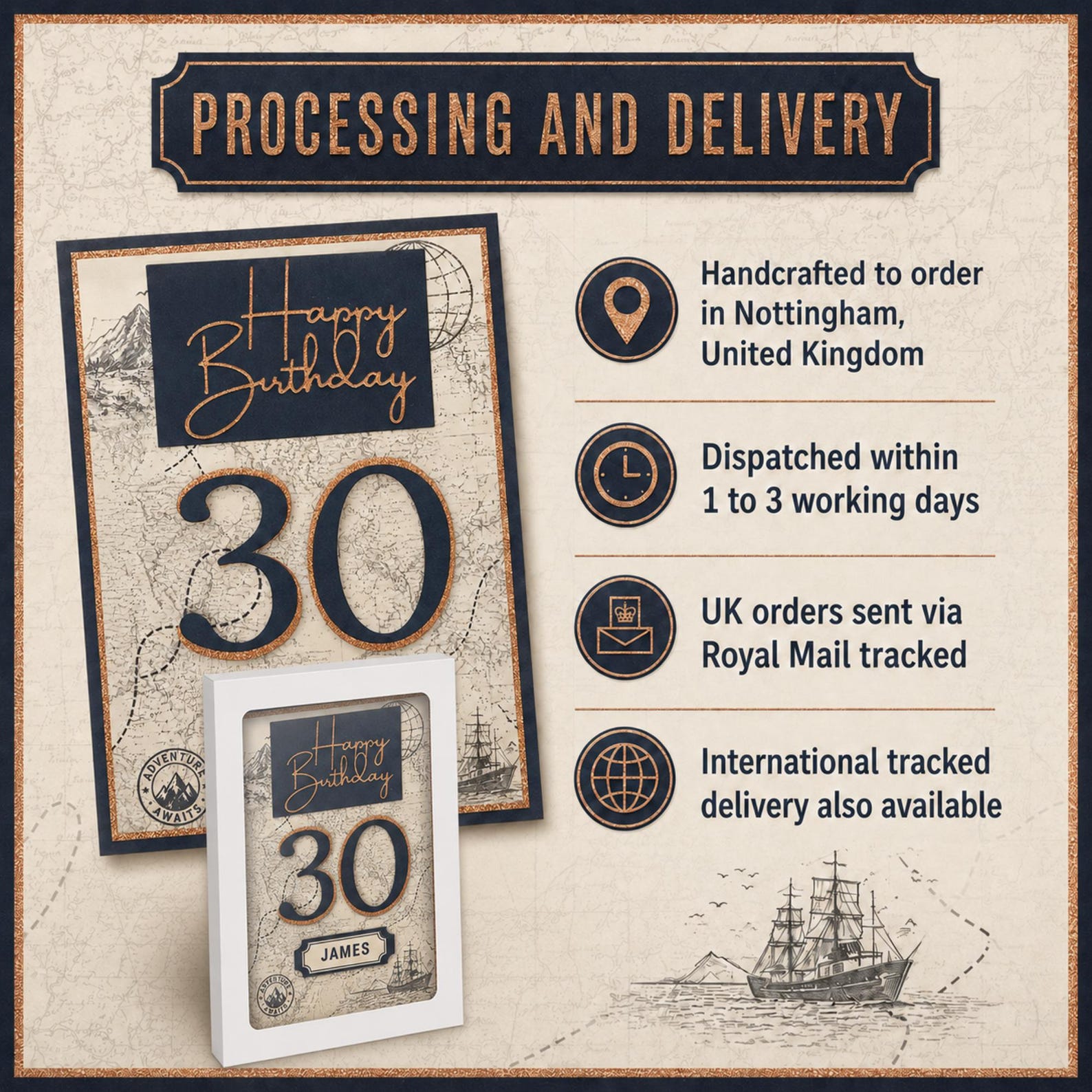 Personalised vintage map birthday card for him styled as a keepsake gift