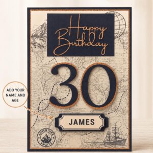 Personalised birthday card for him with vintage map adventure design, custom name and age