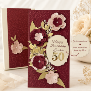 Personalised burgundy floral 3D milestone birthday card with custom name and age