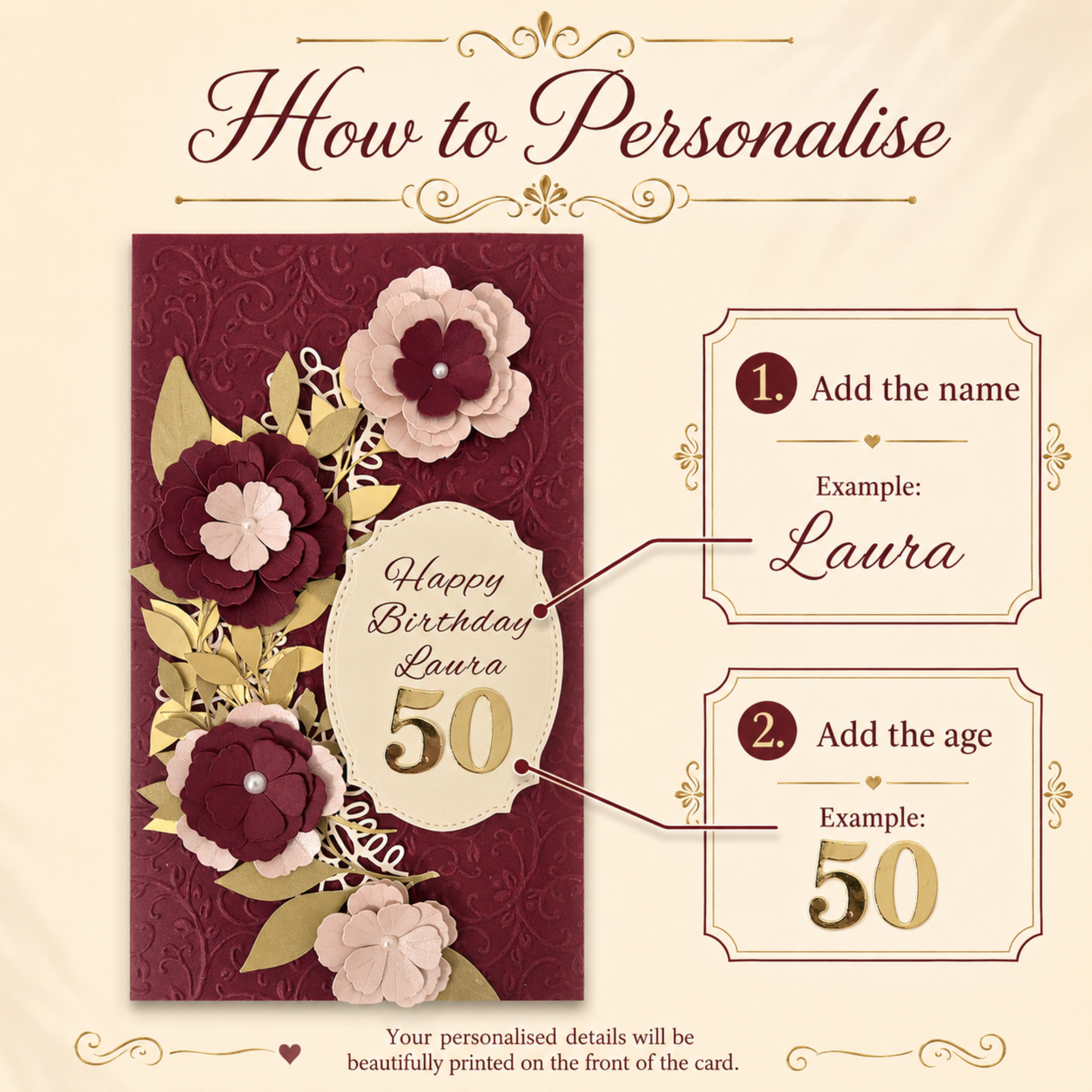 Personalised burgundy floral birthday card presented with its matching gift box