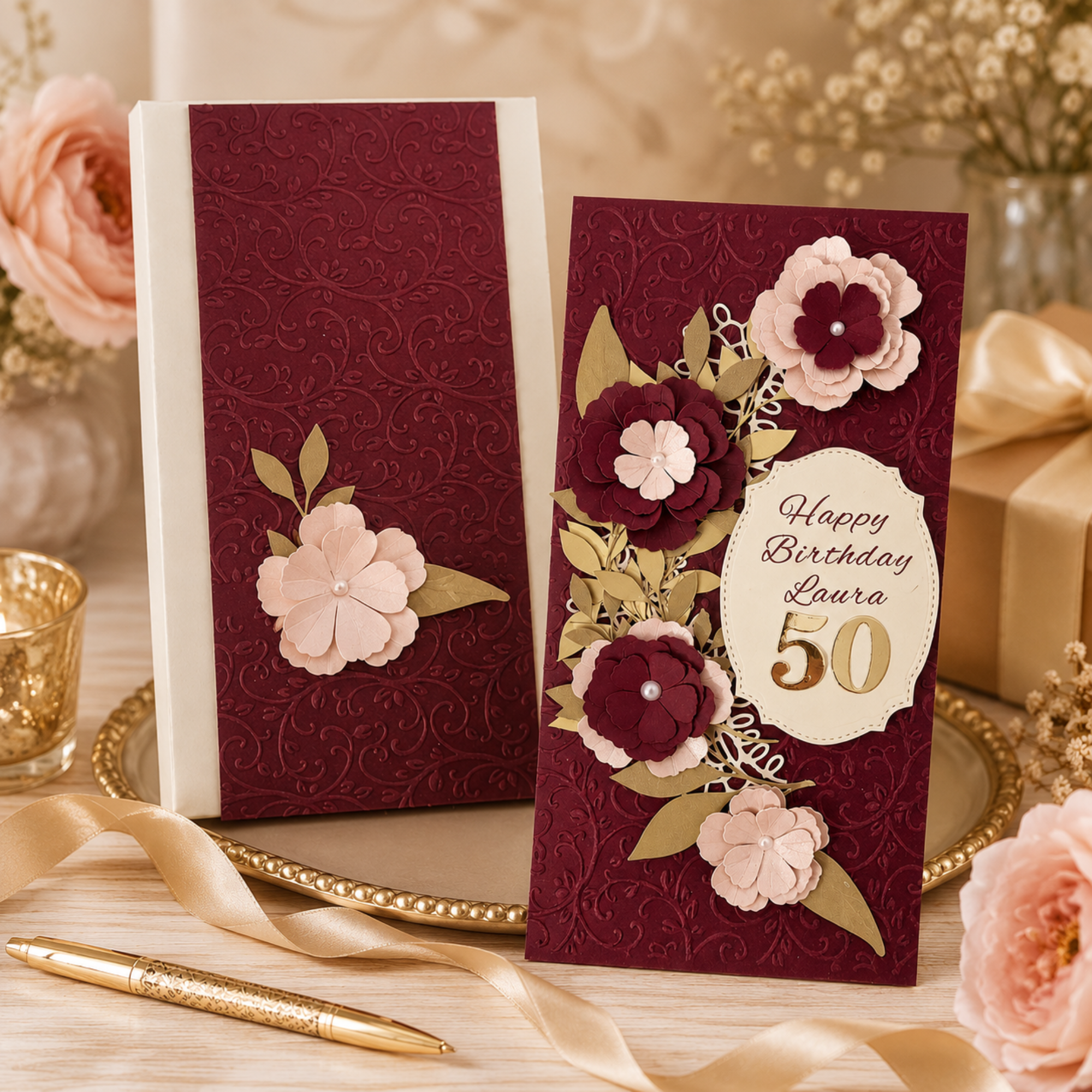 Close-up of burgundy floral layered birthday card with personalised name and age