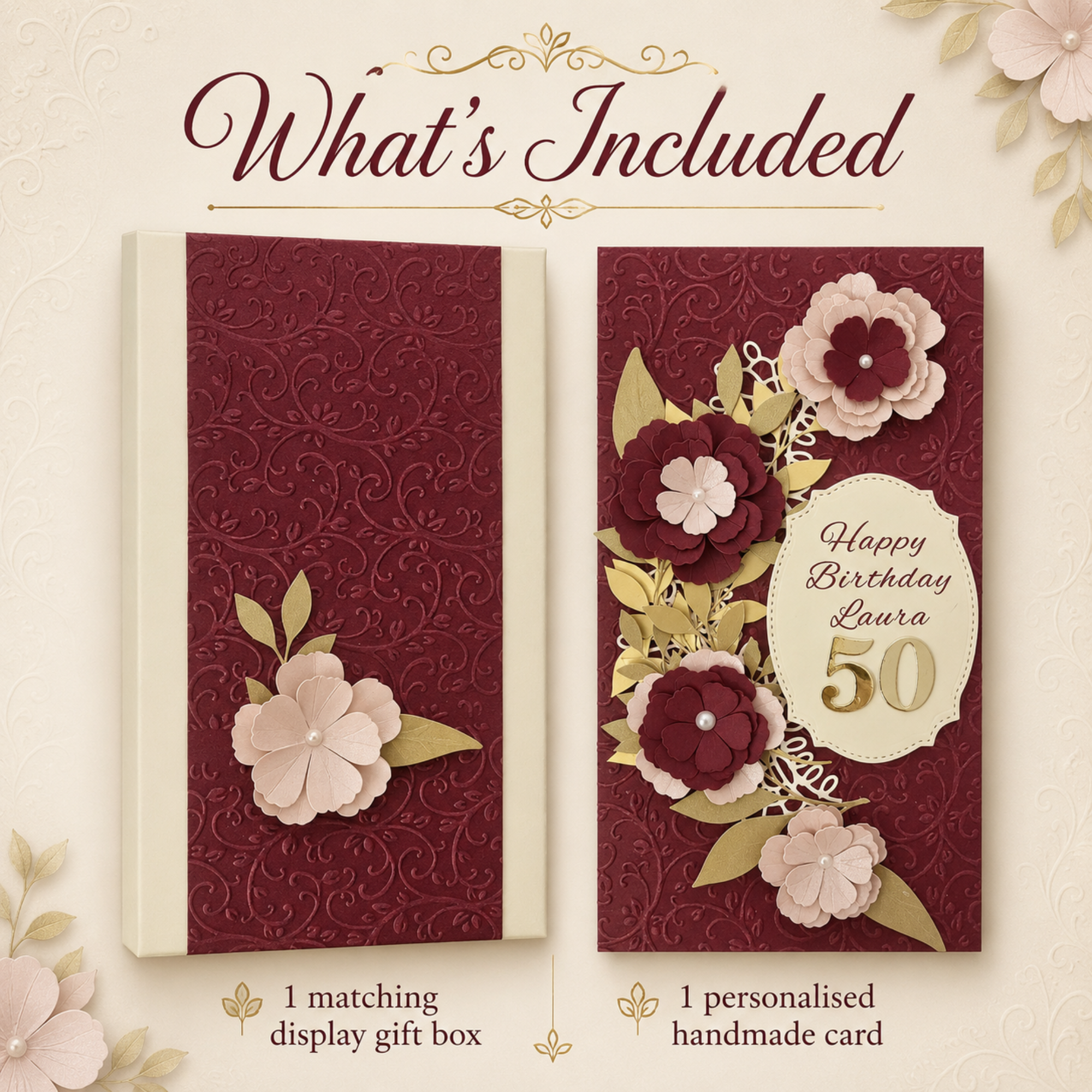 Personalised burgundy floral milestone birthday card product details