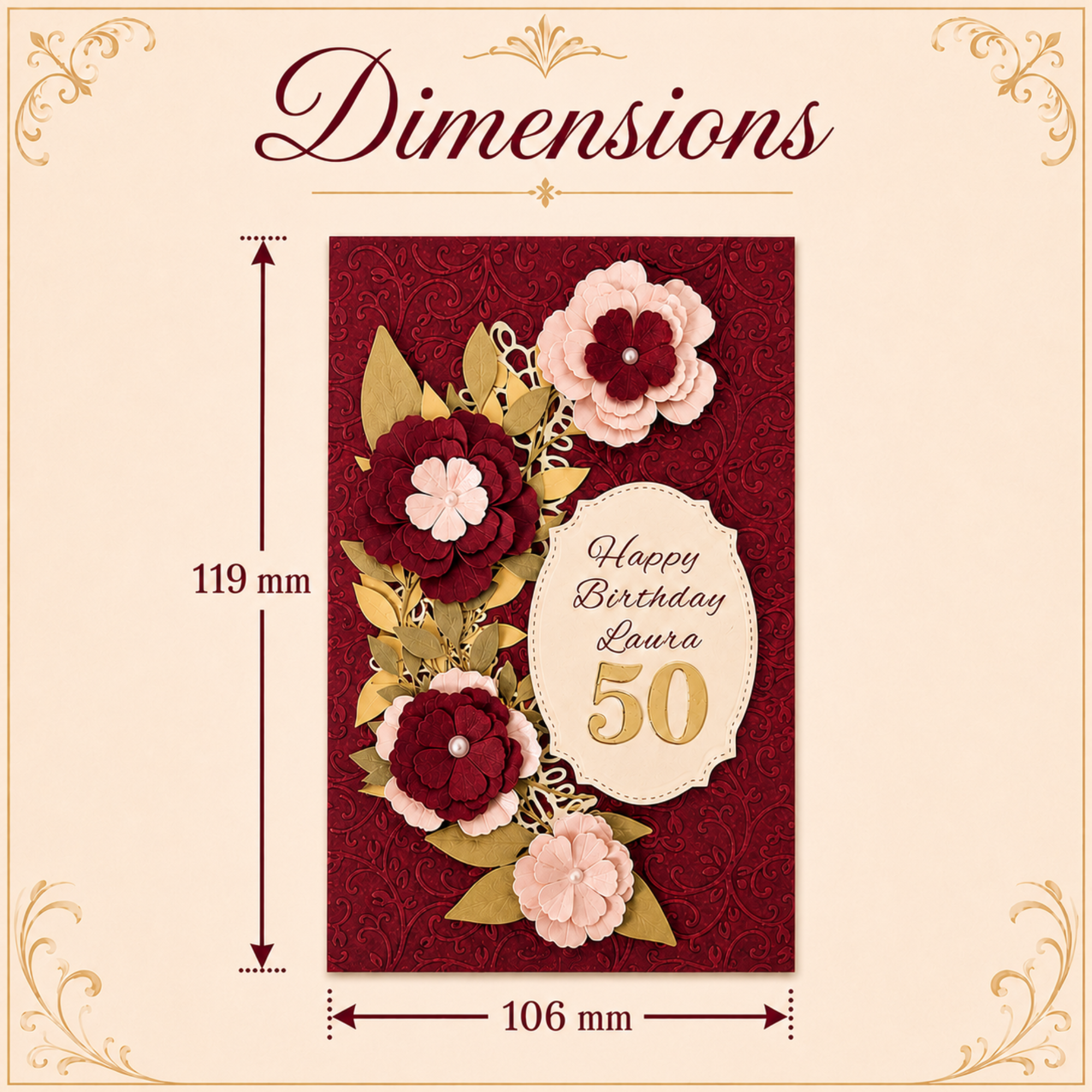 Personalised burgundy floral birthday card and matching gift box presentation