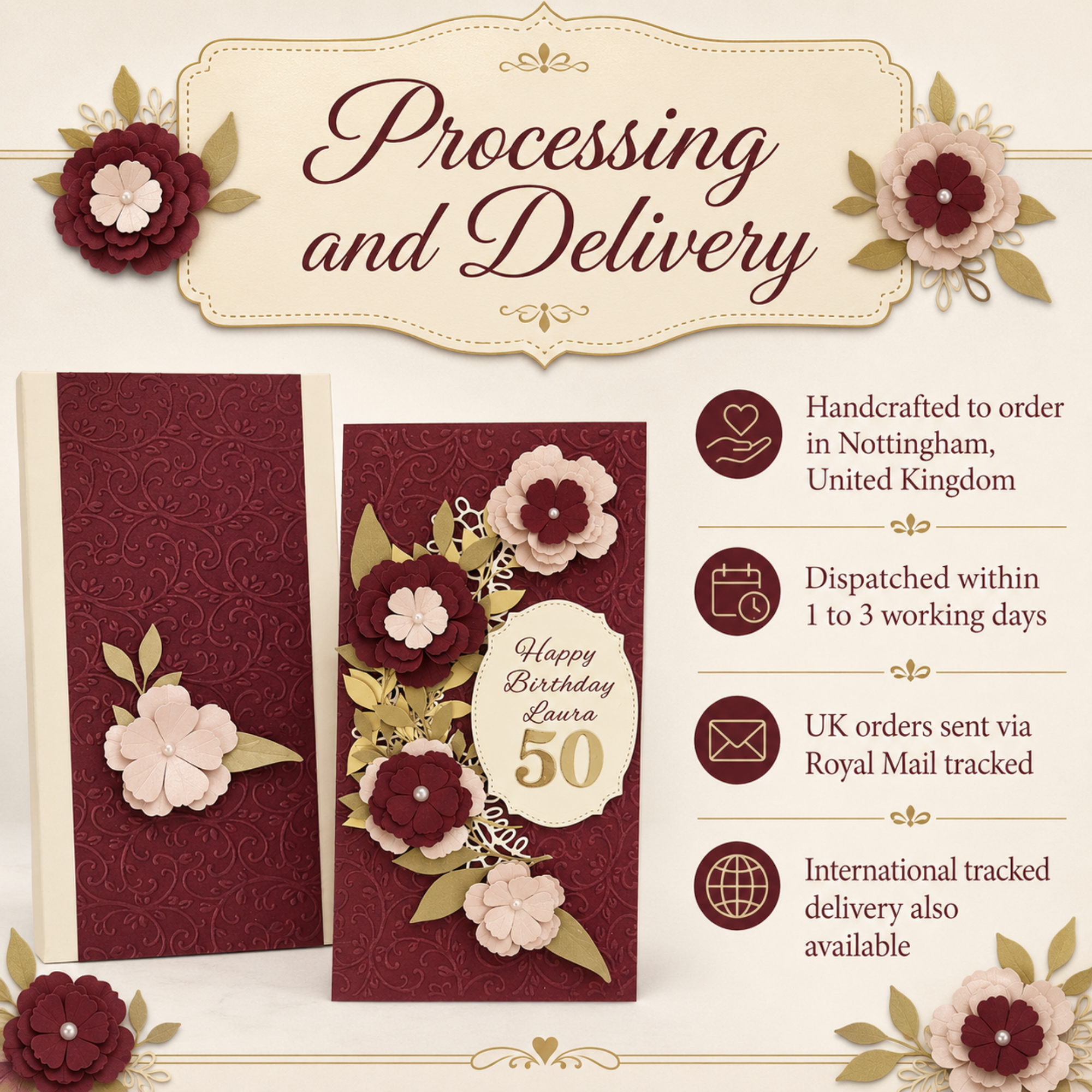 Personalised burgundy floral 3D birthday card styled in a premium gift setting
