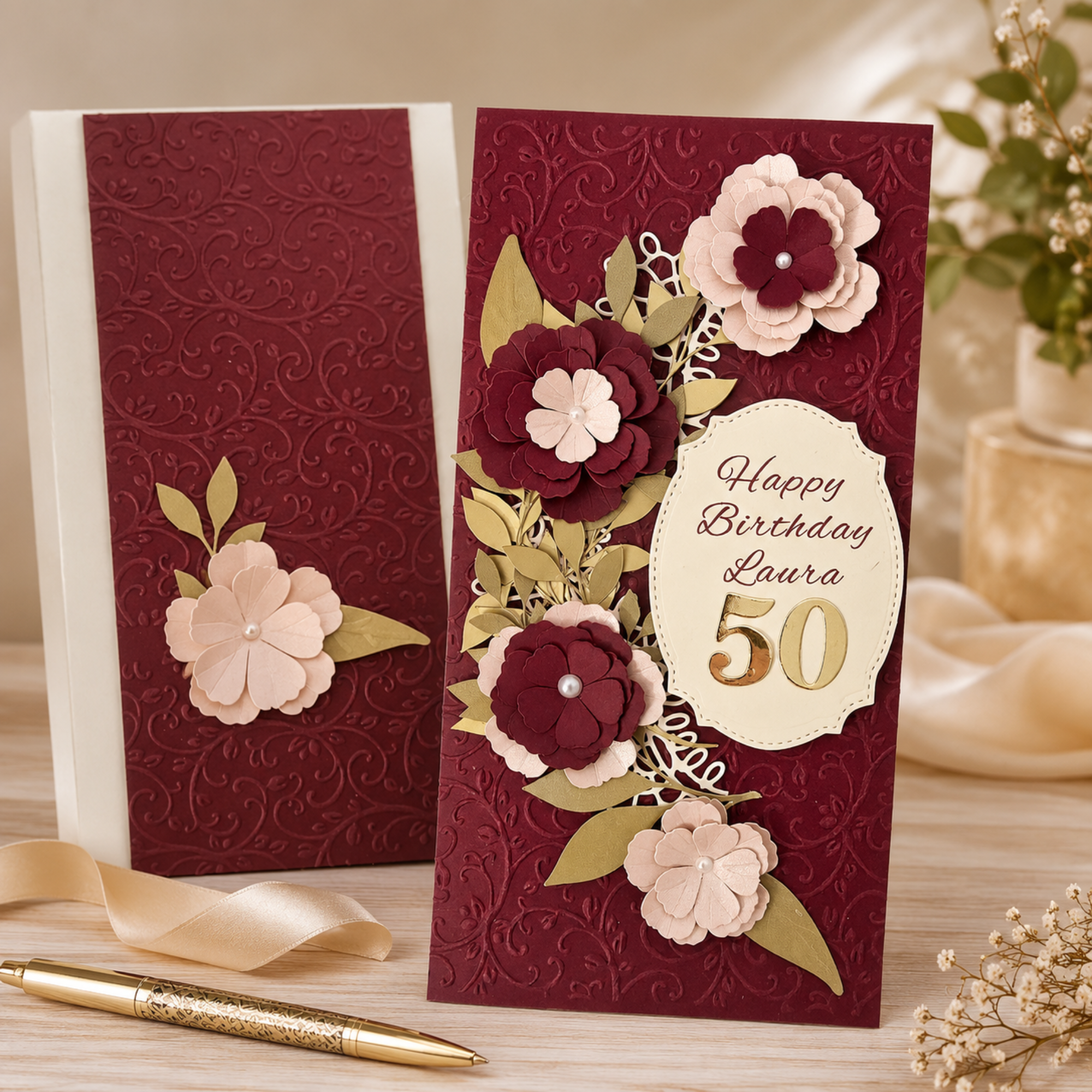 Side view of handmade burgundy floral 3D birthday keepsake card