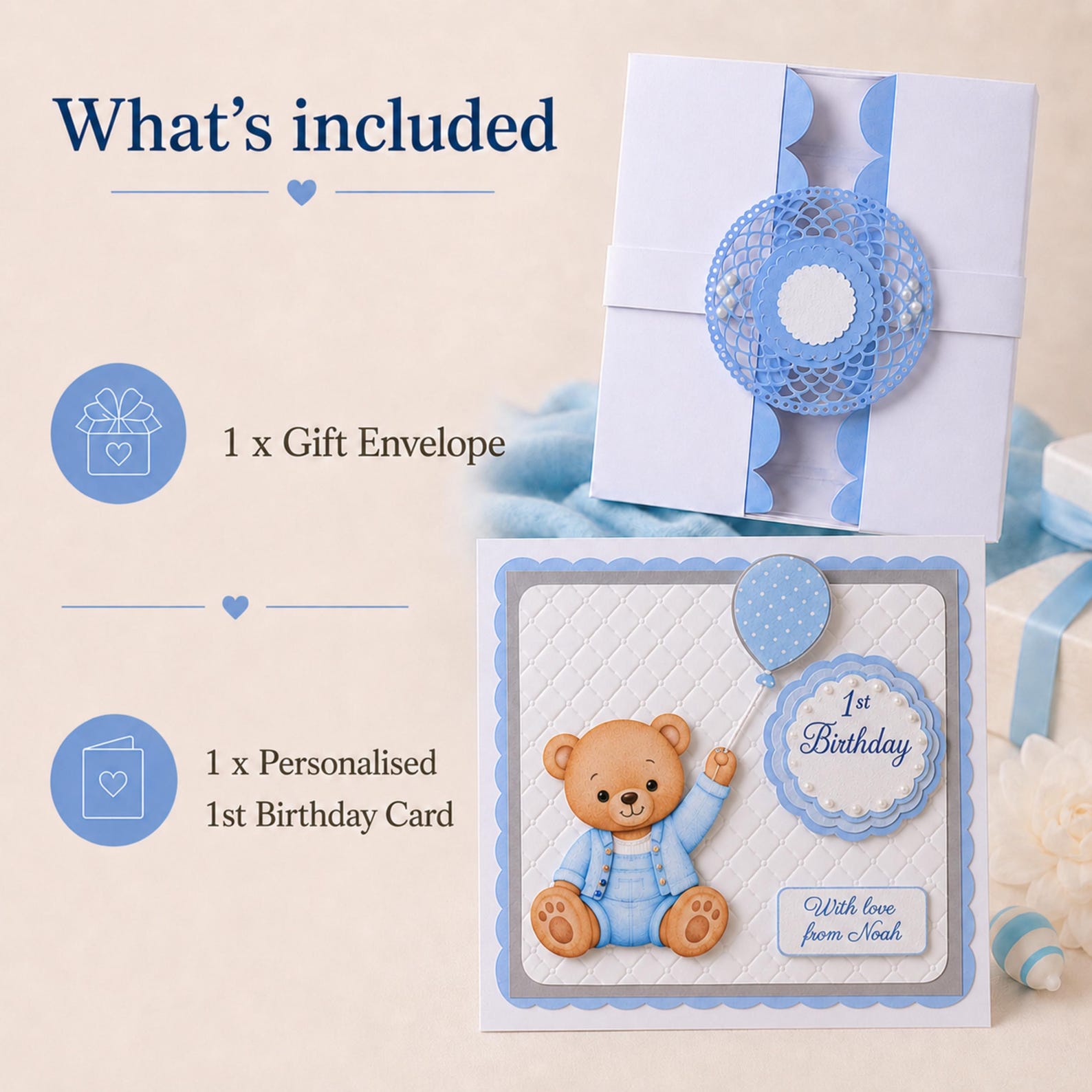 Angled view of handmade personalised blue teddy bear first birthday card
