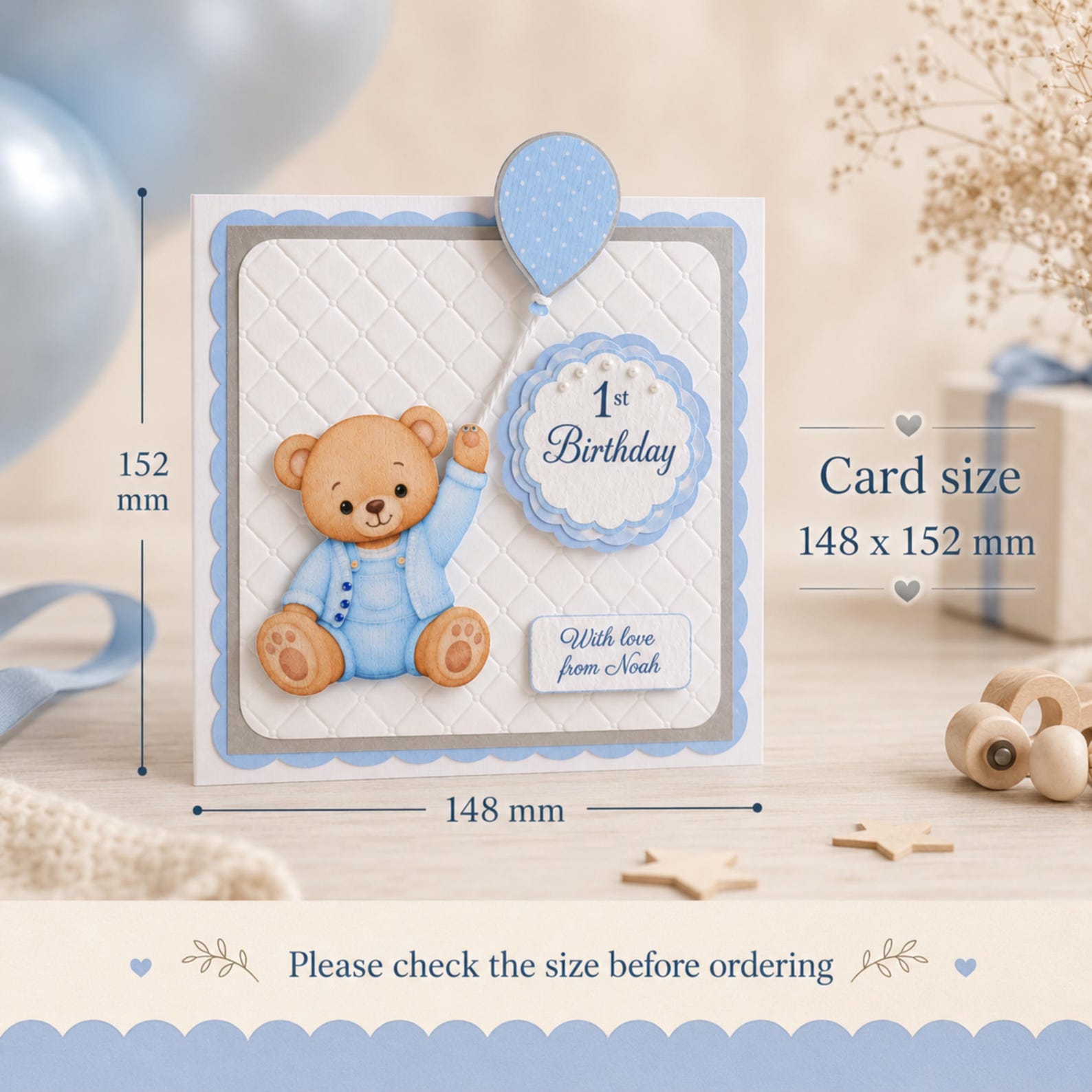 Personalised blue teddy bear first birthday card styled as a keepsake gift