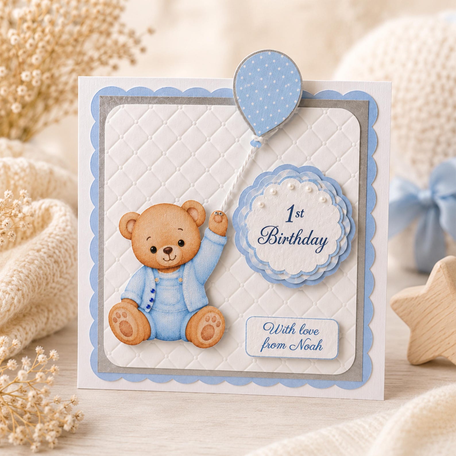 Personalised first birthday boy keepsake card with presentation details