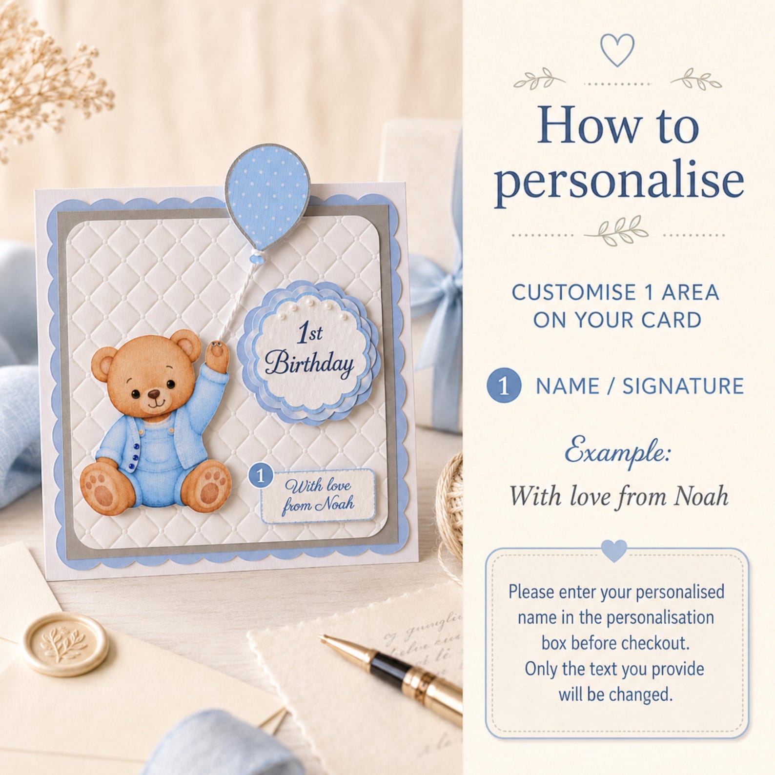 Personalised first birthday boy card showing custom name detail
