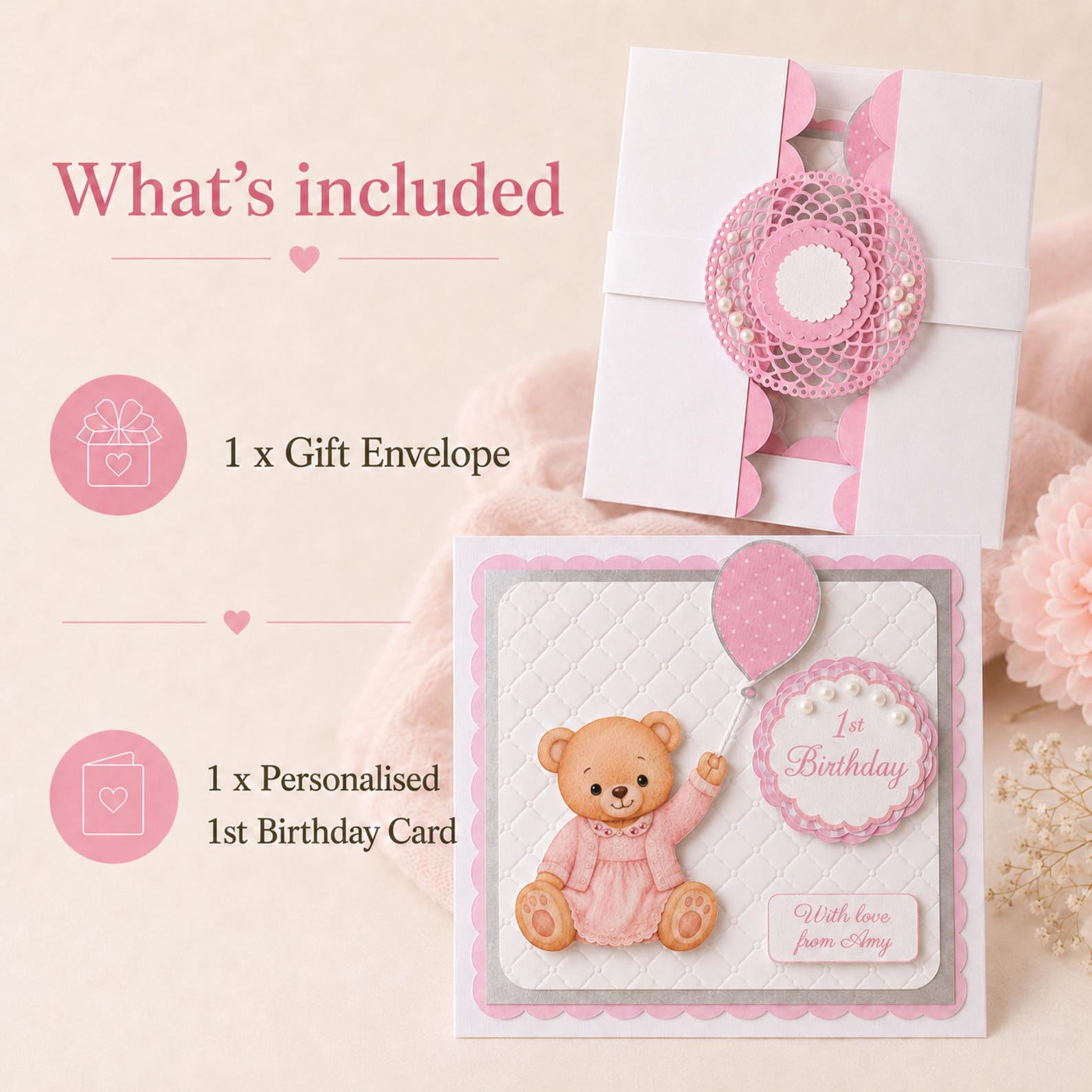 Angled view of handmade personalised pink teddy bear first birthday card
