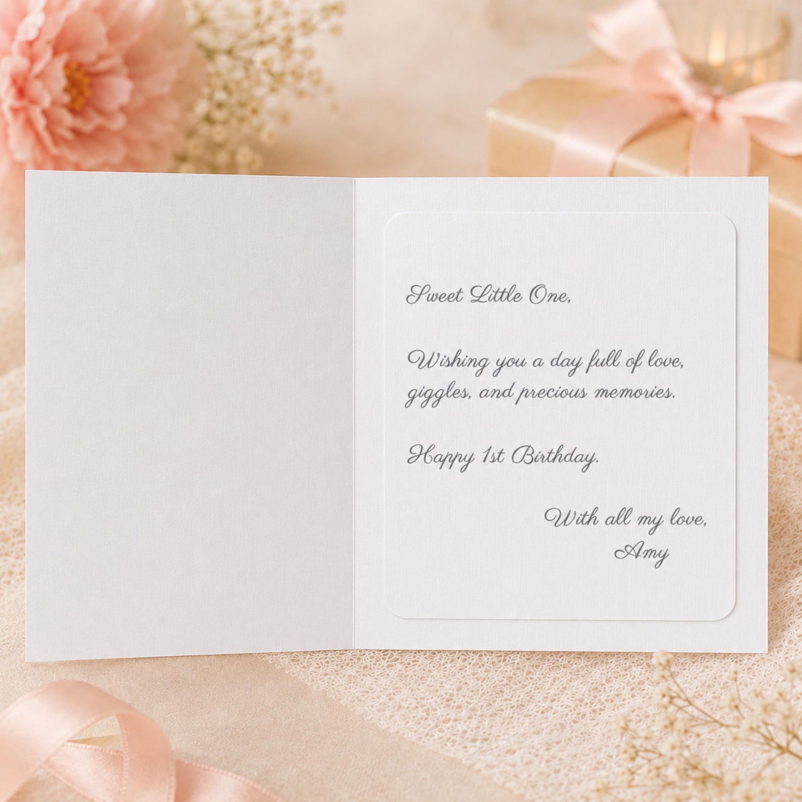 Personalised first birthday girl keepsake card with gift envelope and presentation details