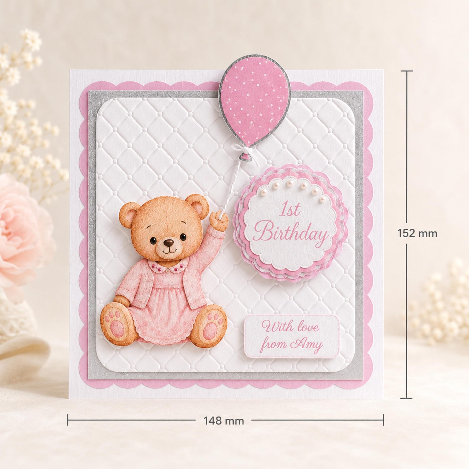 Personalised pink teddy bear first birthday card with matching gift envelope