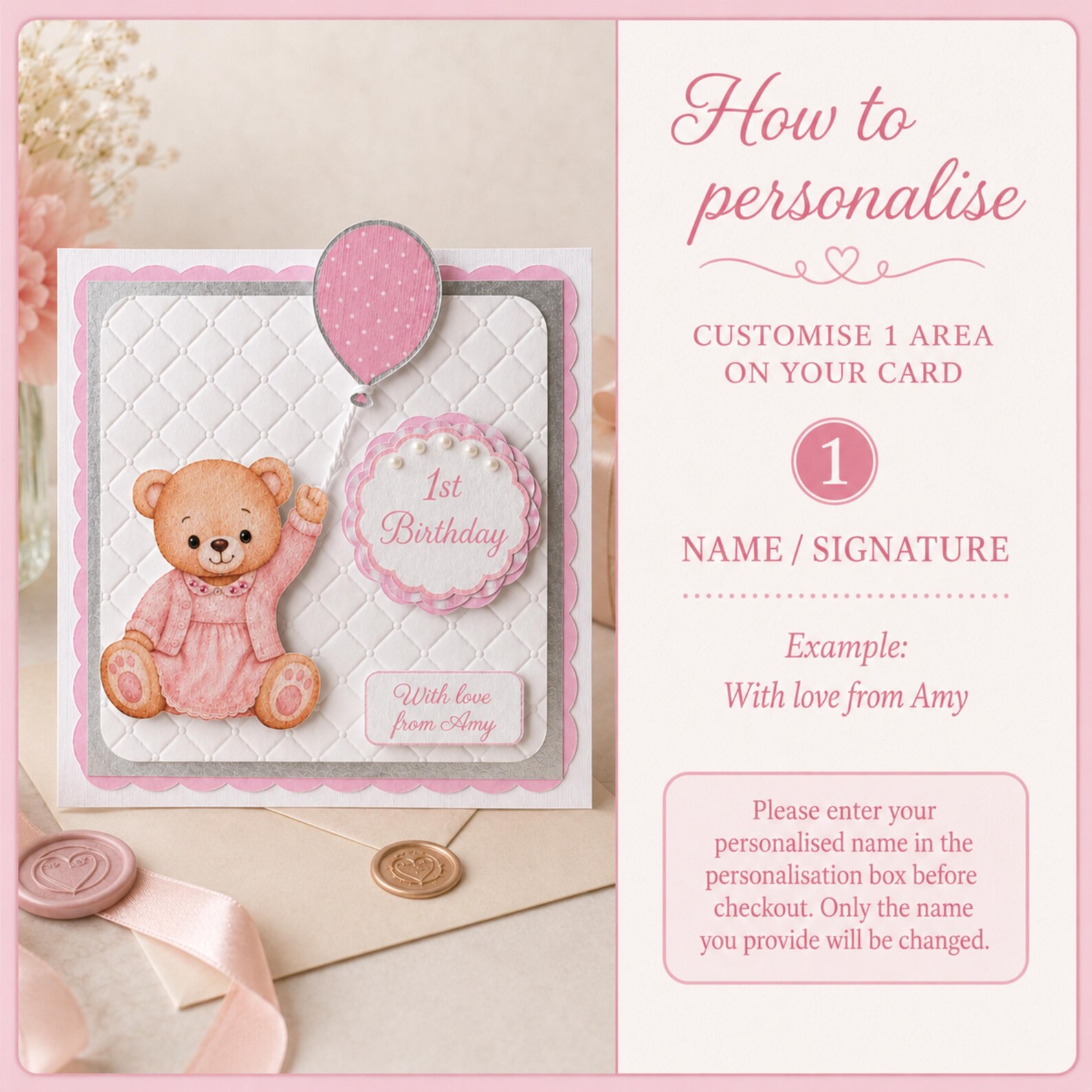Personalised first birthday girl card showing custom name detail