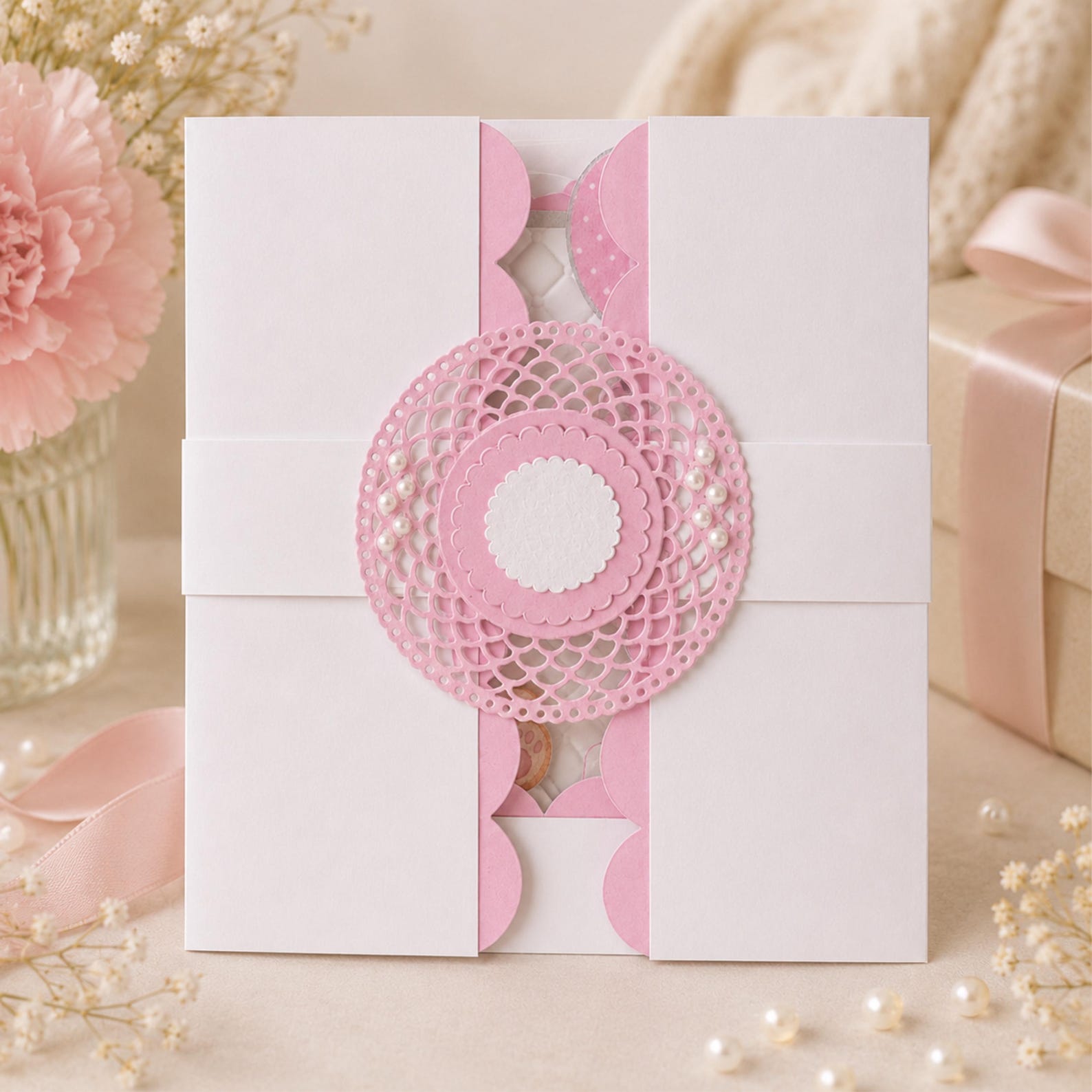 Personalised baby girl first birthday keepsake card with teddy bear and pink pearl details