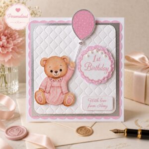 Personalised pink first birthday card for baby girl with handmade teddy bear design