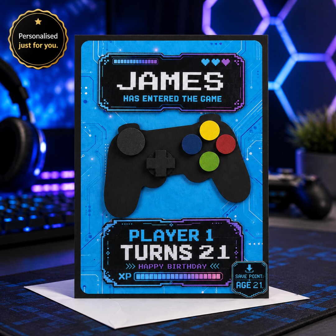 Personalised gaming birthday card with custom name and age for a gamer