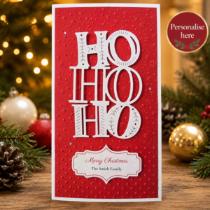 Personalised red HO HO HO Christmas card with layered white lettering, rhinestones and custom family name