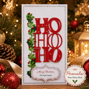 Personalised red and white HO HO HO Christmas card with holly, silver border and custom family name