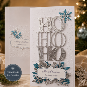 Personalised white HO HO HO Christmas card with silver glitter lettering, teal snowflakes and custom family name
