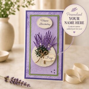 Personalised Happy Birthday card with lavender bouquet, custom name and matching gift box