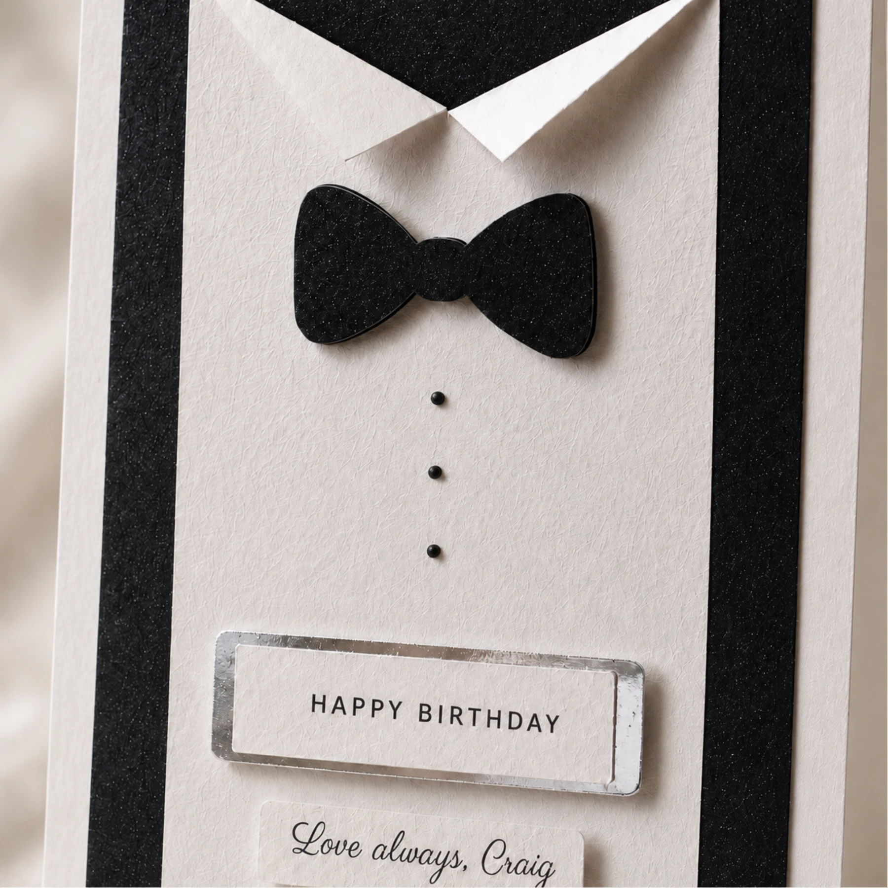Personalised tuxedo birthday keepsake card with raised papillon bow tie detail